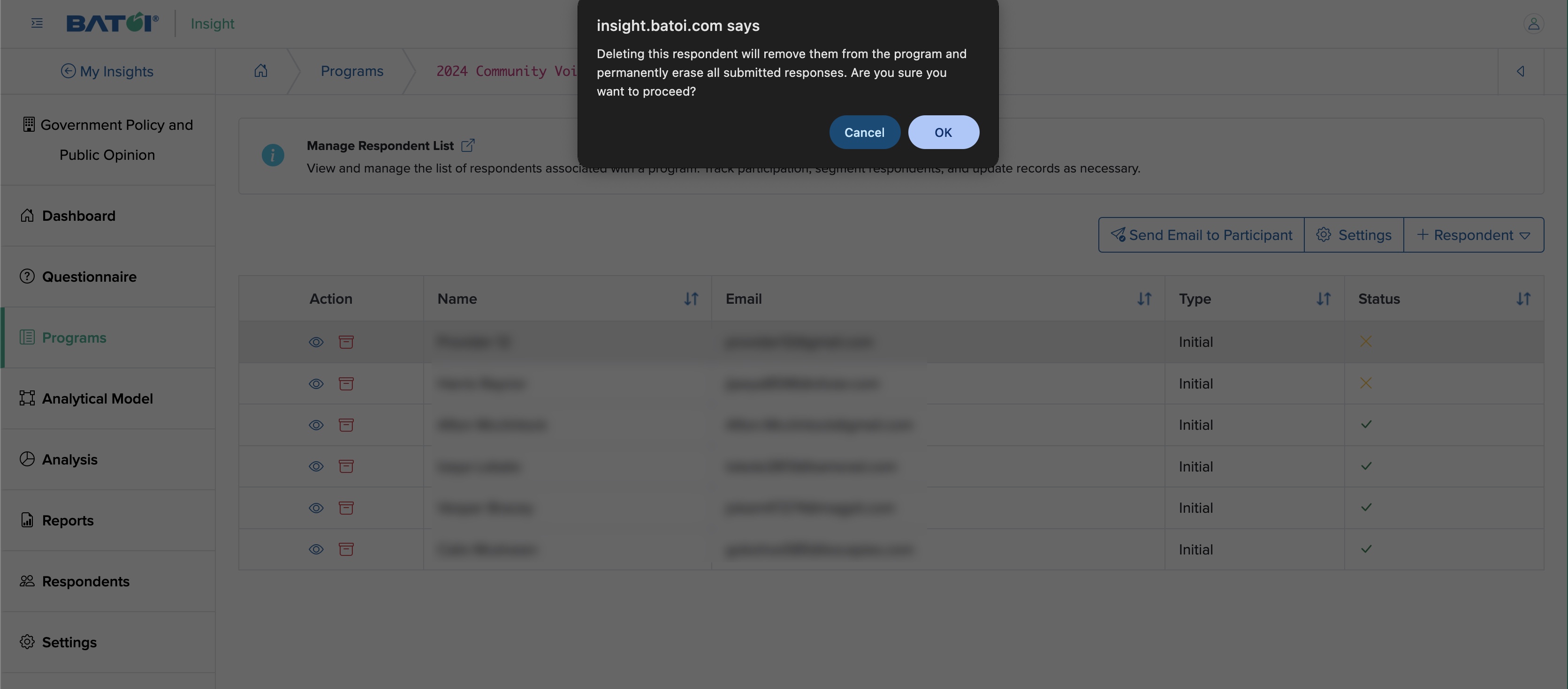 Figure 10: Individual Program Archive Respondent Popup Screen