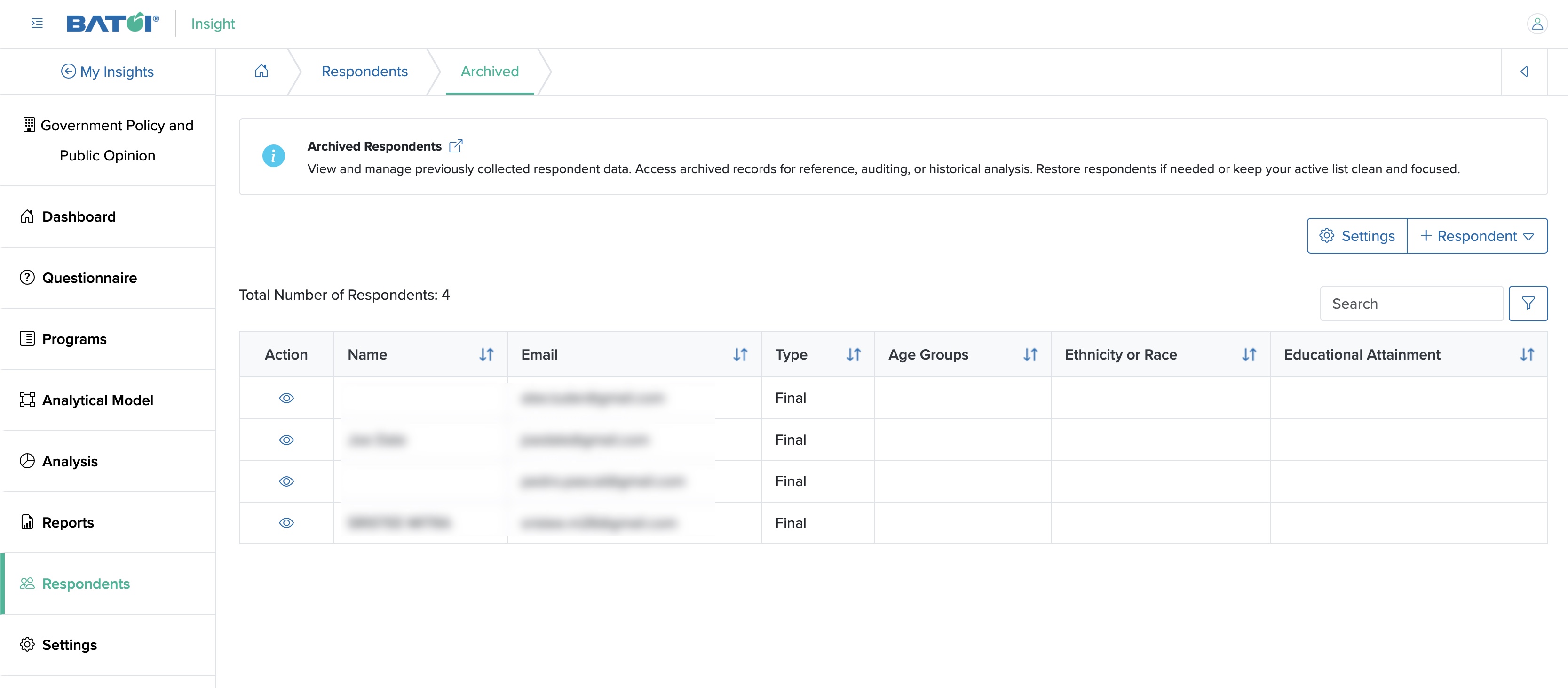 Figure 2: Individual Insight Archived Respondents List Page Screen