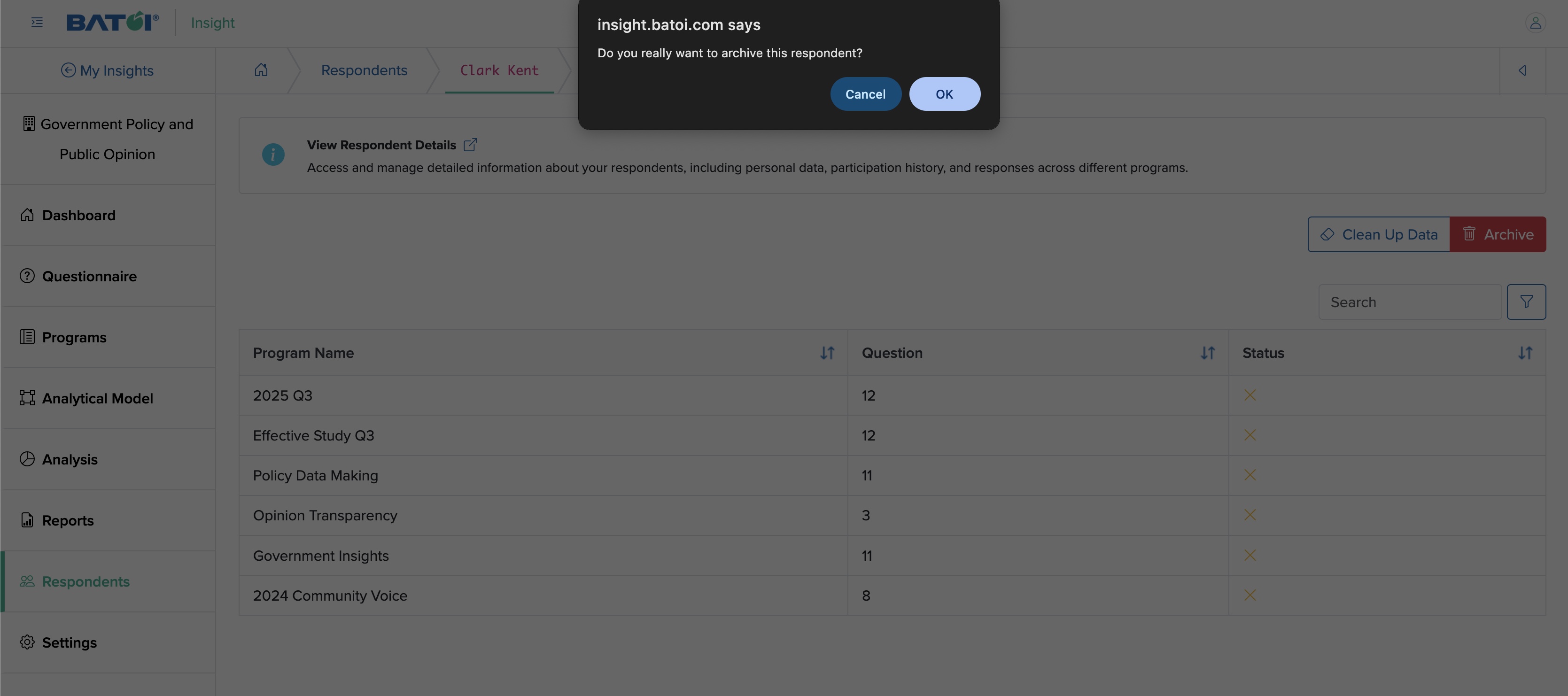 Figure 6: Individual Insight Archive Respondents Confirmation Screen