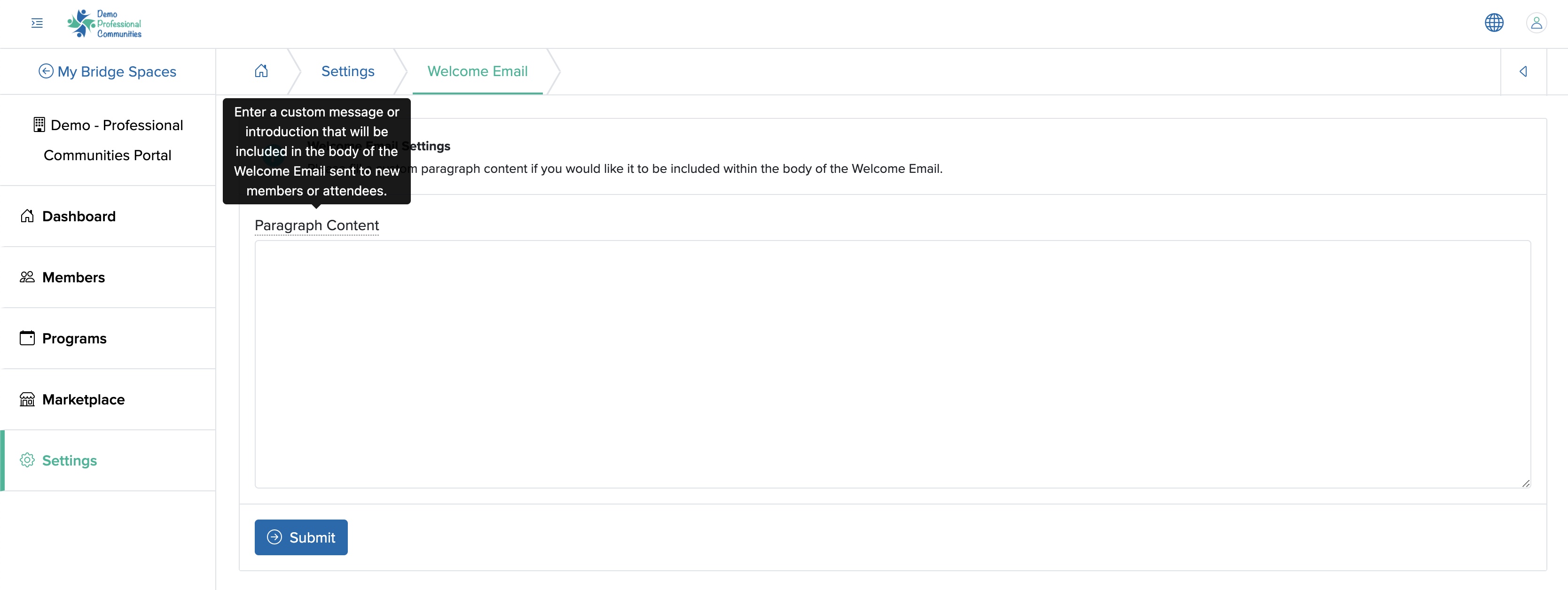 Figure 11: Individual Bridge Welcome Email Settings Setting Screen