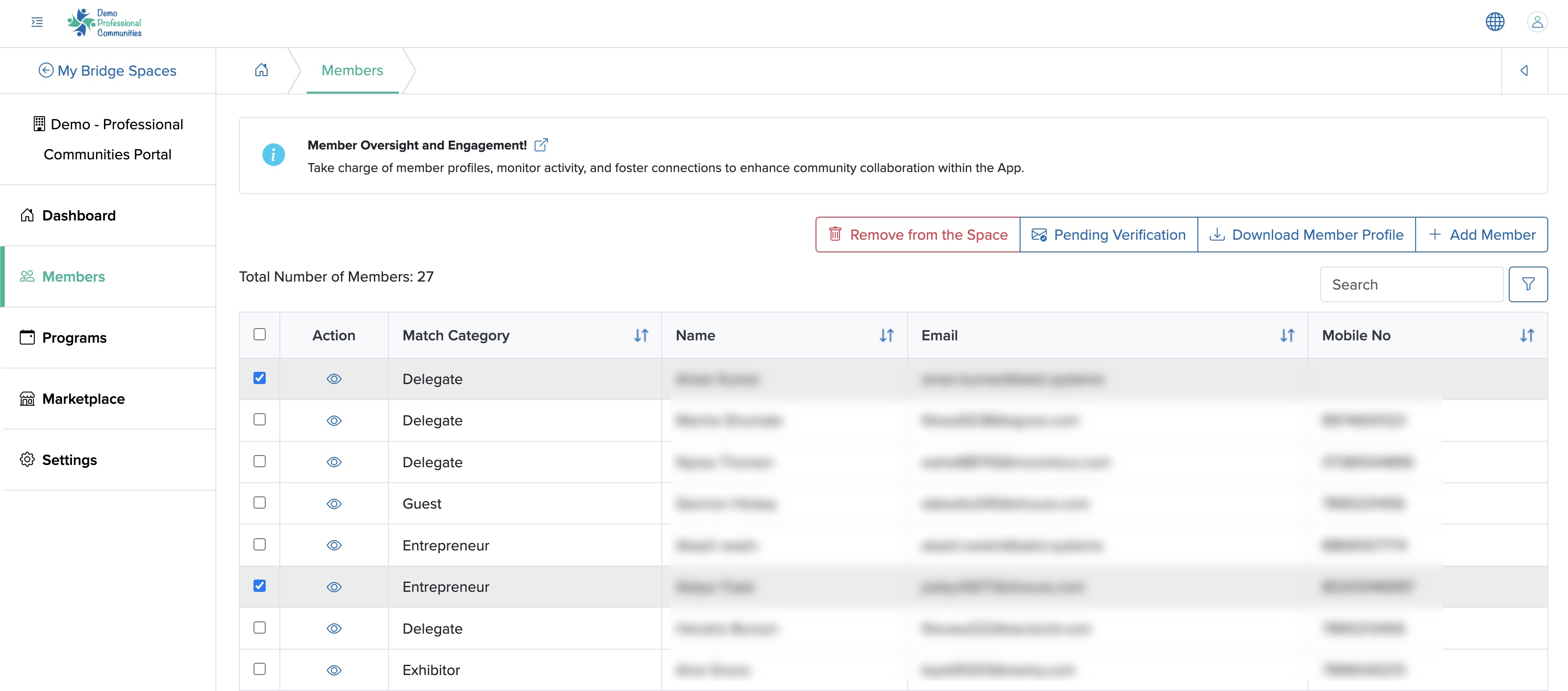 Figure 3: Individual Bridge Space Member Remove List Screen