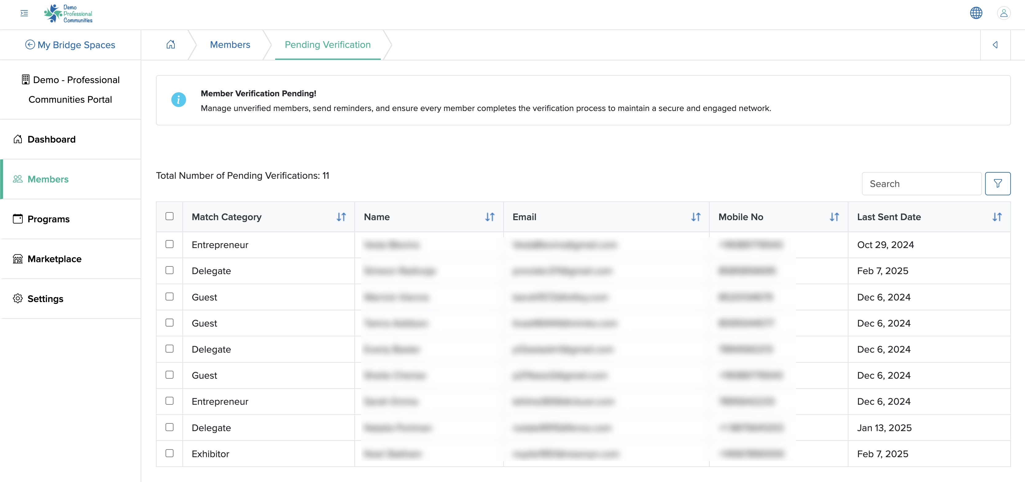 Figure 4: Individual Bridge Space Pending Verification Member List Screen
