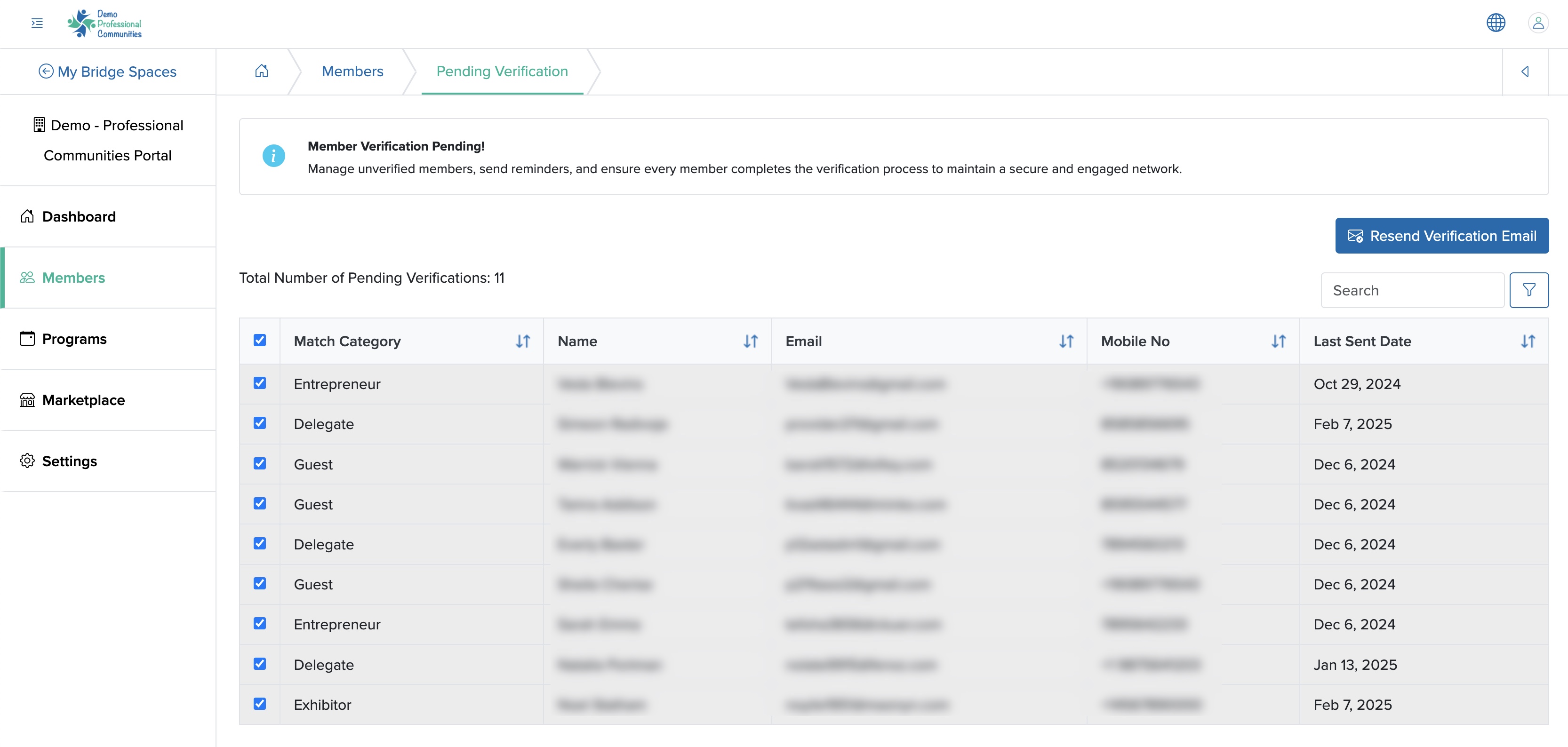 Figure 5: Individual Bridge Space Pending Verification Member List Screen