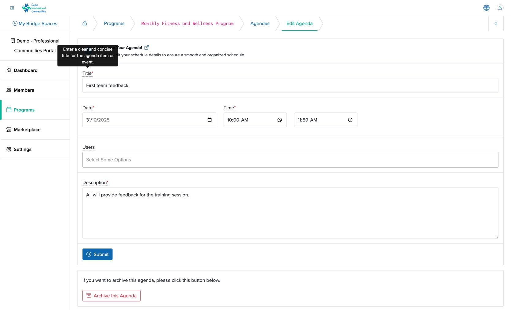 Figure 32: Individual Bridge Manager Control Panel Program Agenda Edit Screen