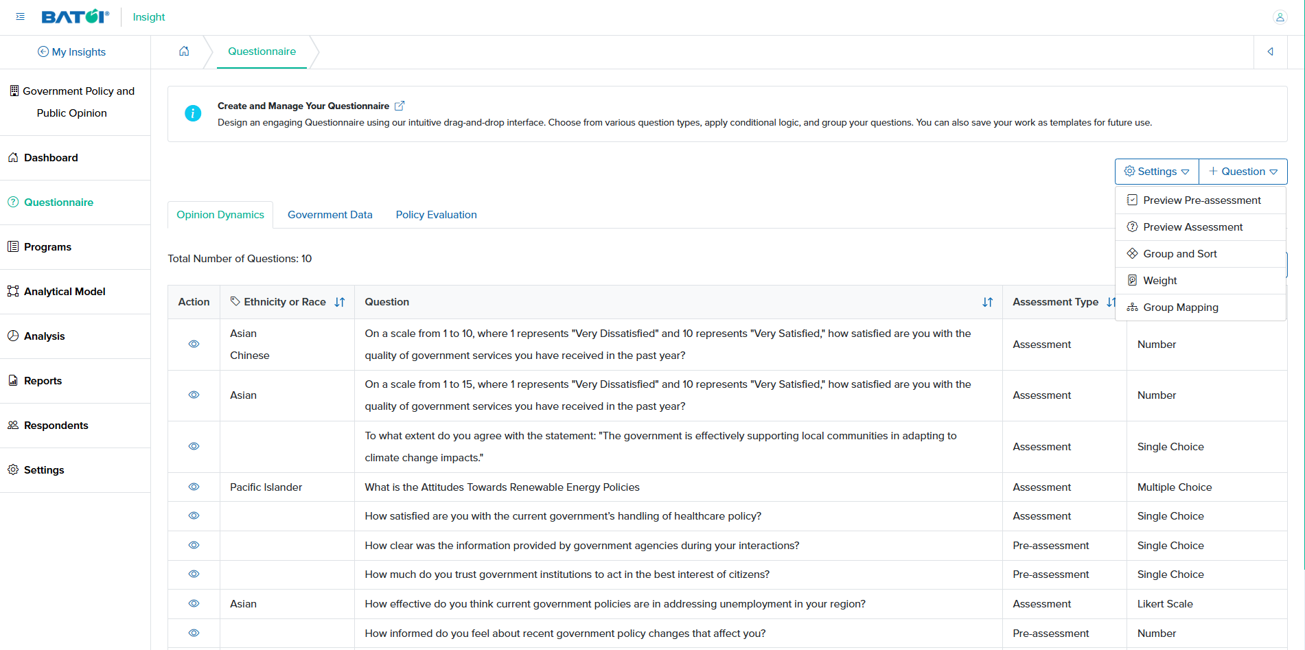 Figure 13: Individual Insight Questionnaire Group mapping Screen