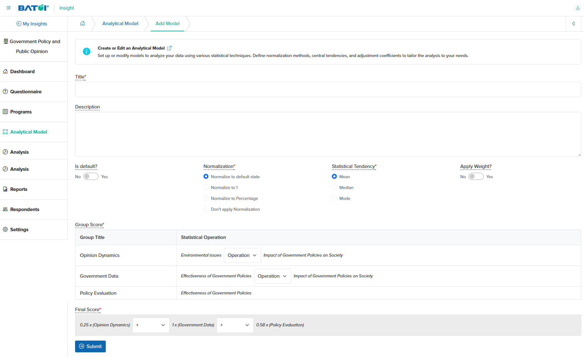 Figure 2: Individual Insight Add Analytical Model Screen