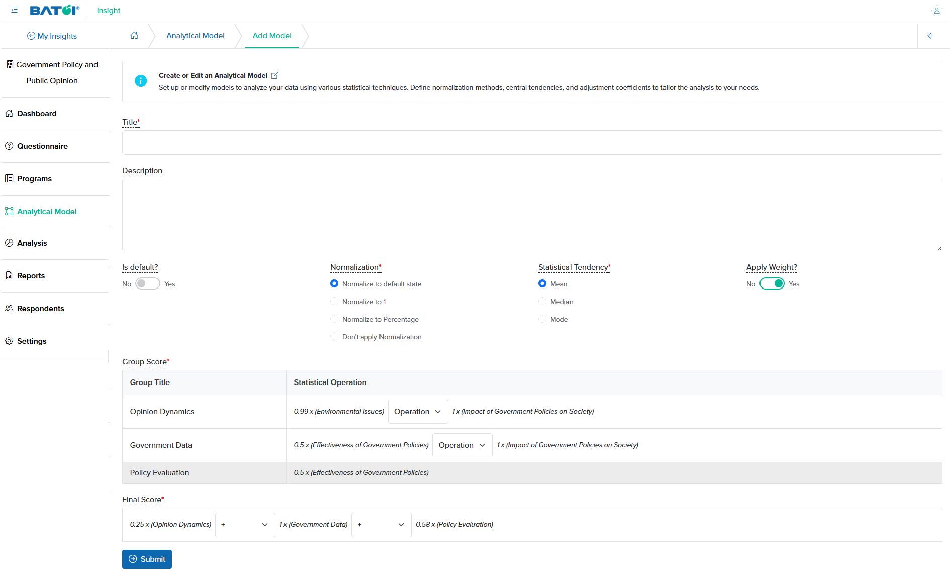 Figure 4: Individual Insight Add Analytical Model with Multiple Score Parameter Screen