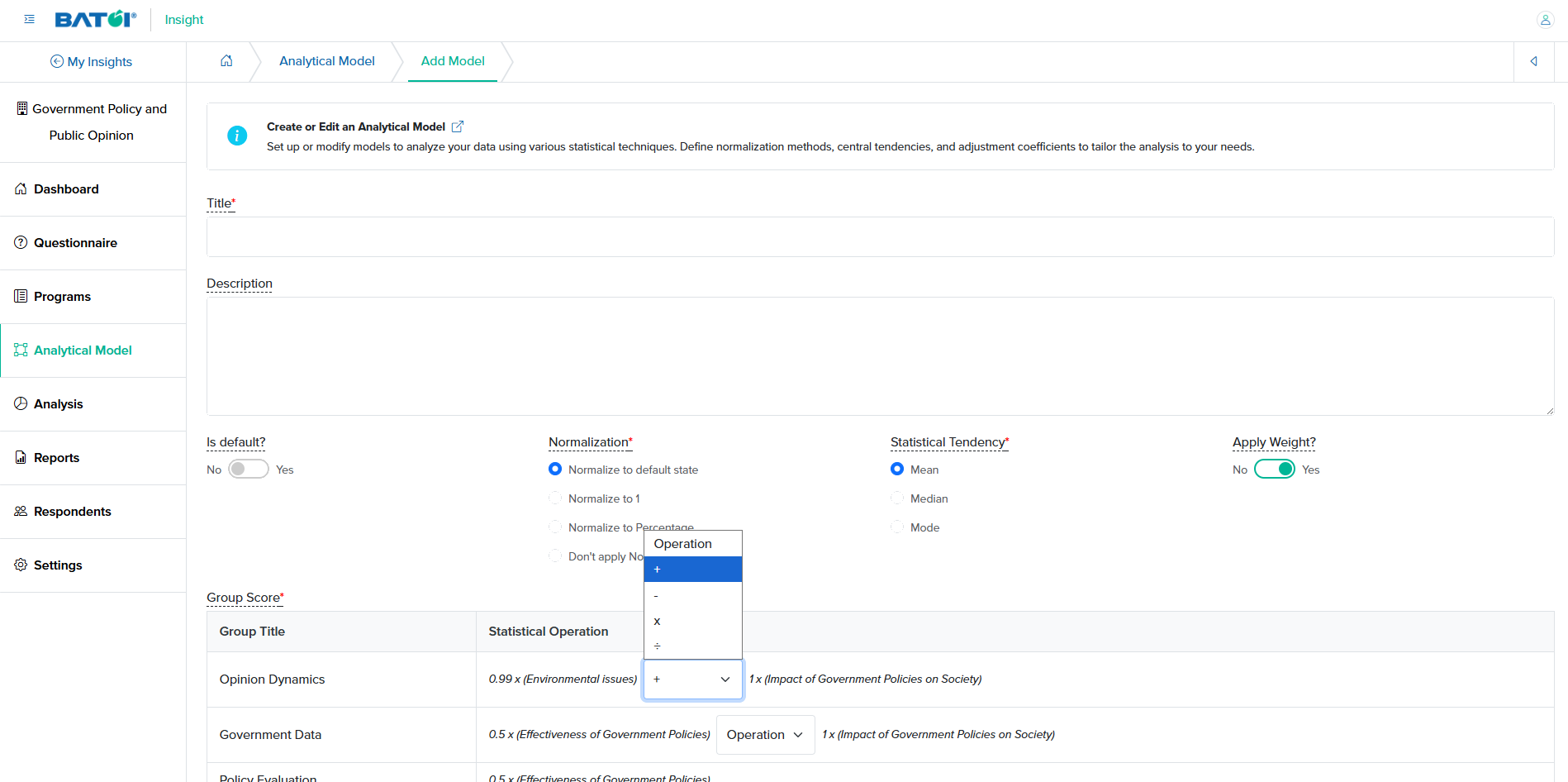 Figure 5: Individual Insight Add Analytical Model with Multiple Score Parameter with Operator Selection Dropmenu