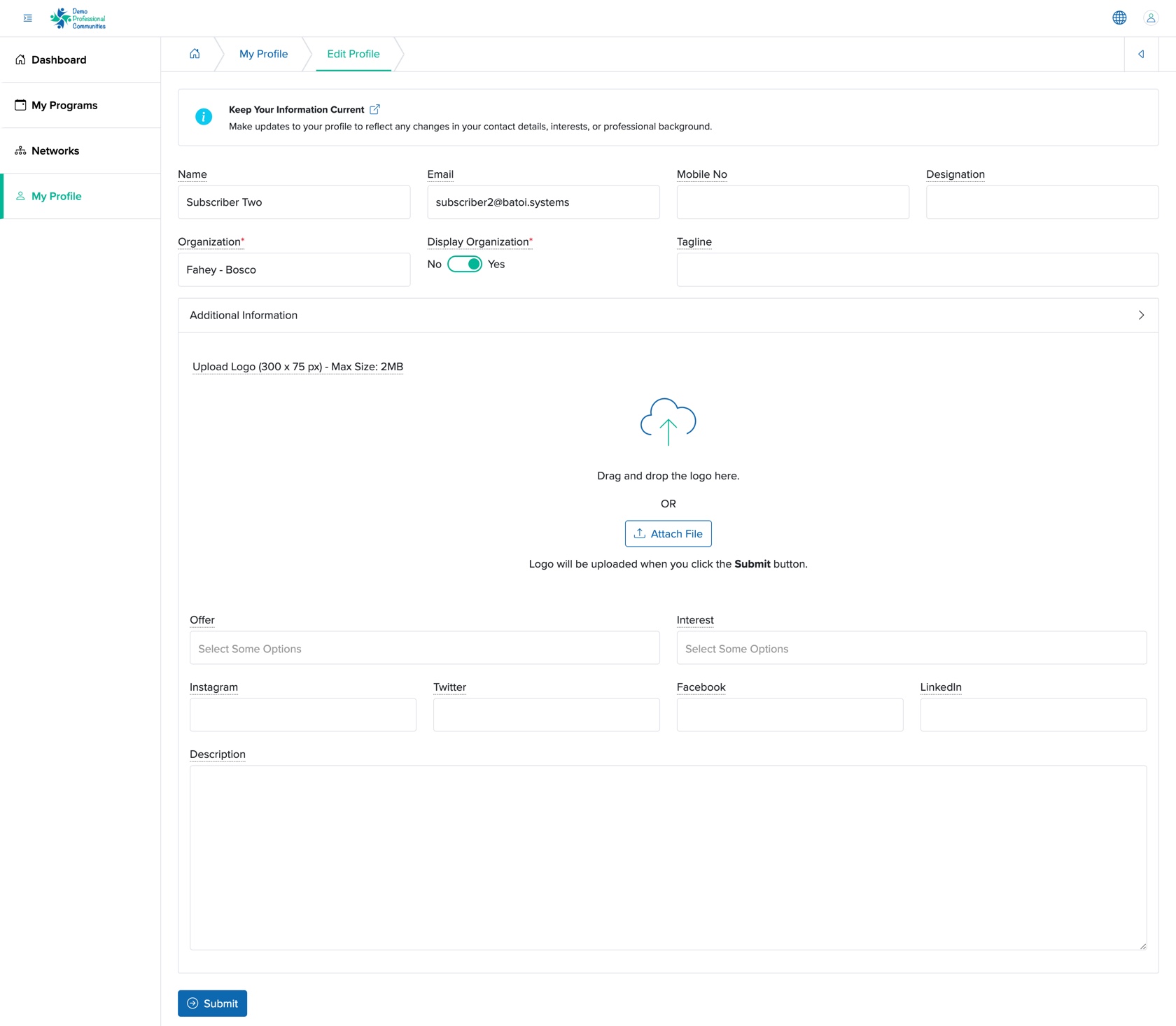 Figure 4: Bridge Member Control Panel Edit Profile Screen