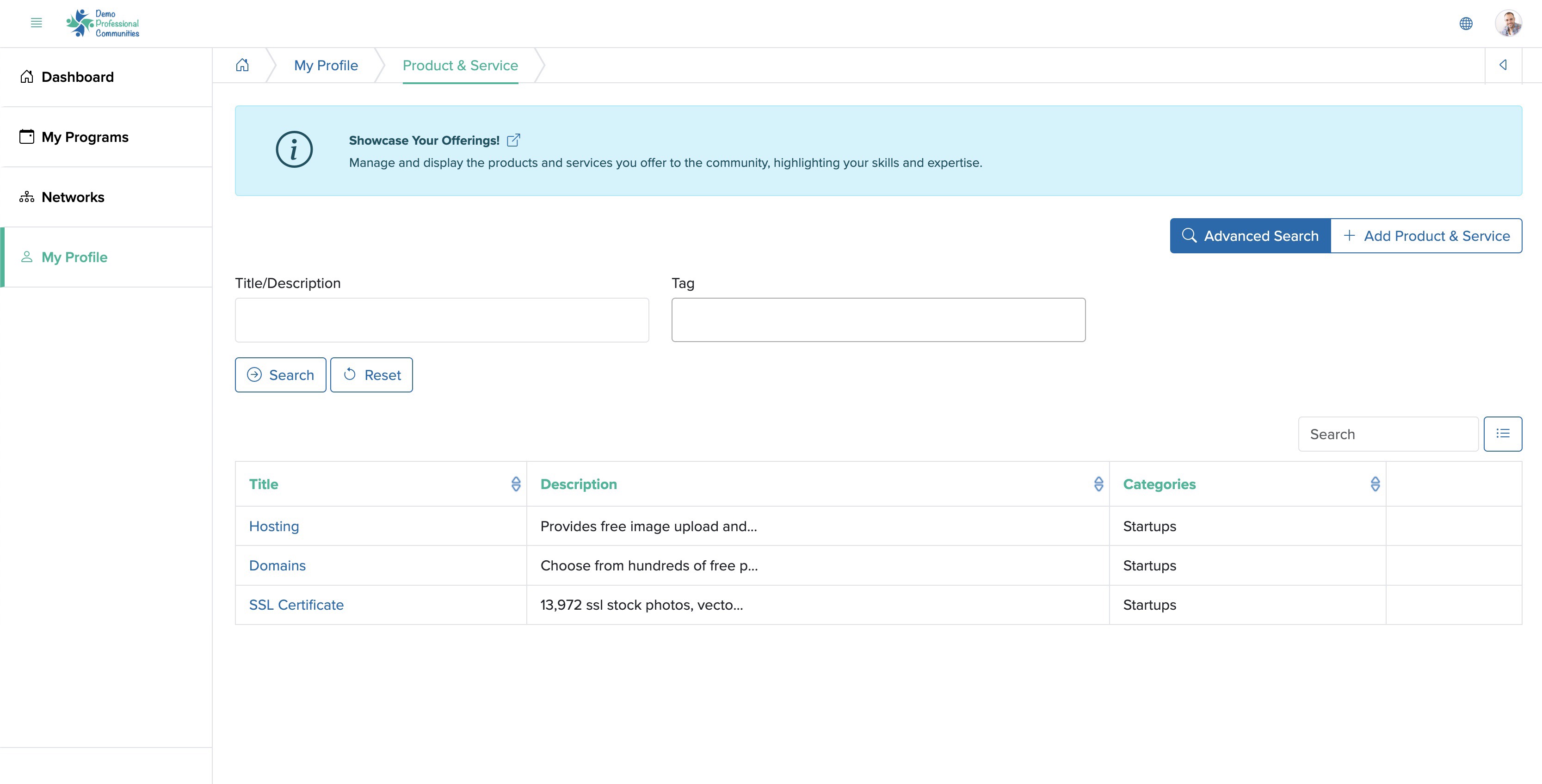 Figure 7: Bridge Member Control Panel Product & Service Advanced Search Screen