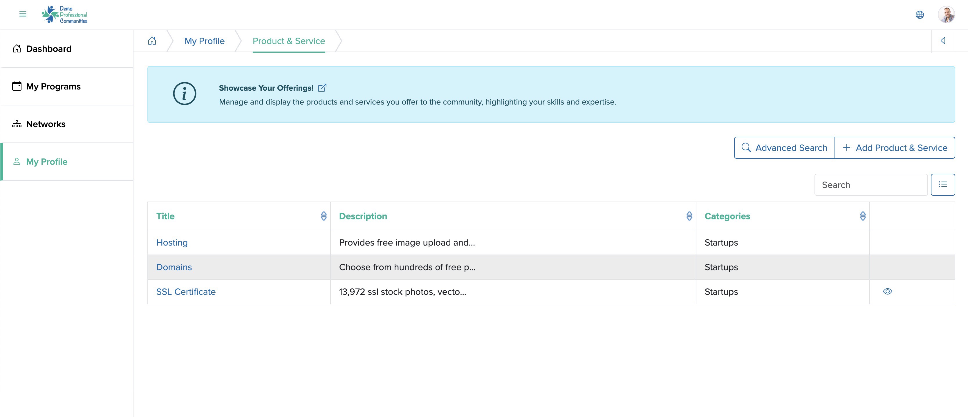 Figure 6: Bridge Member Control Panel Product & Service List Screen