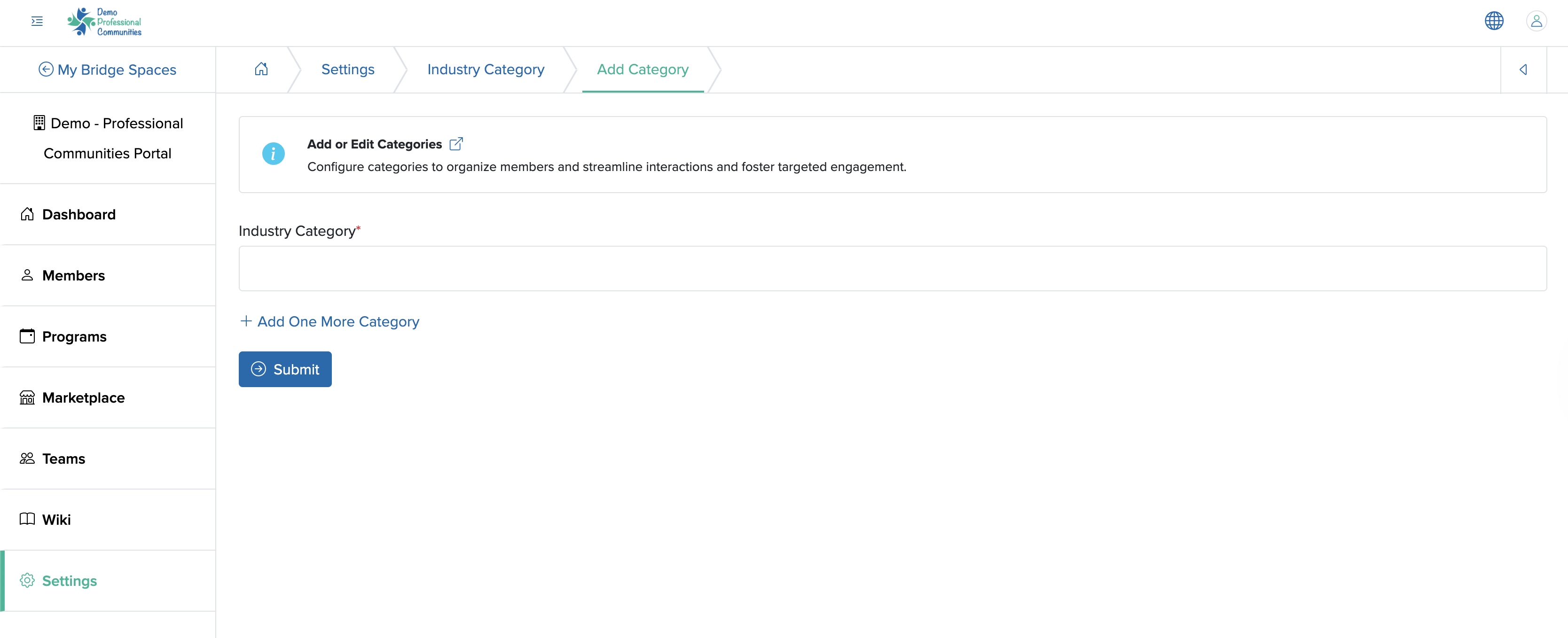 Figure 12: Individual Bridge Add Industry Category Screen