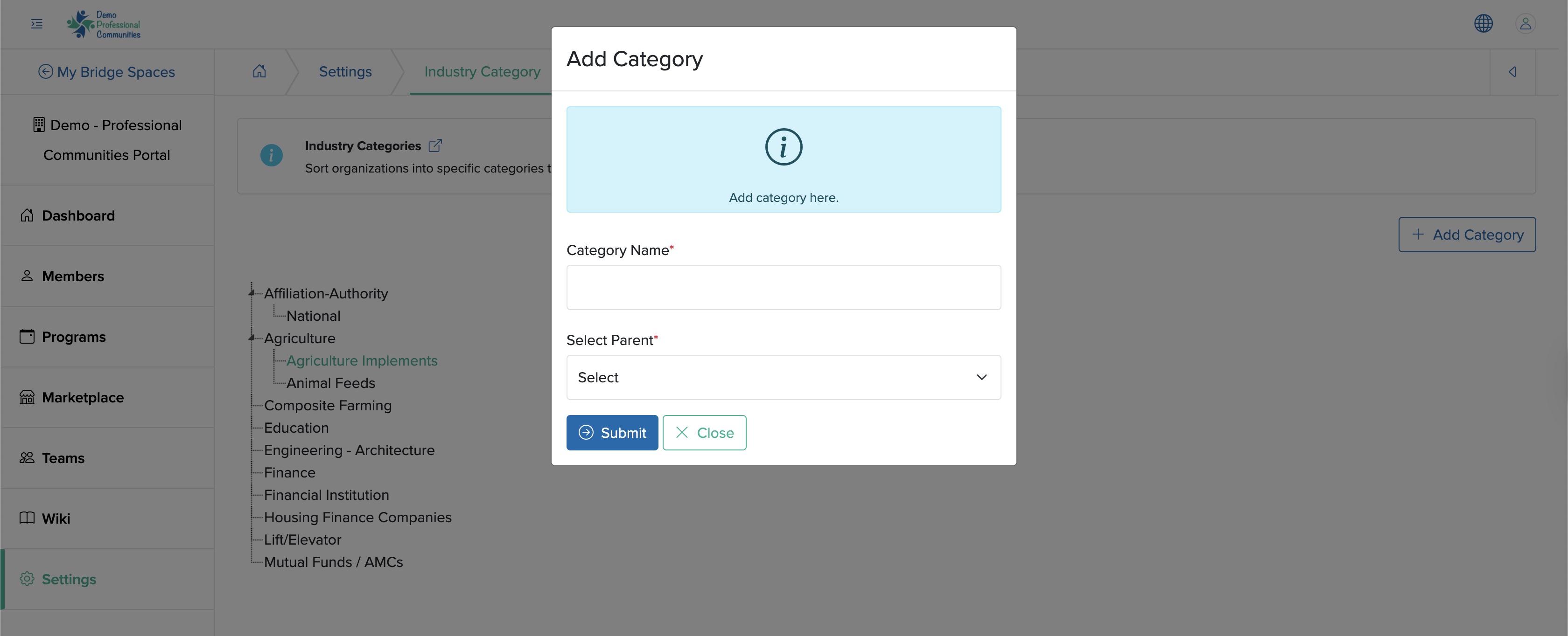 Figure 15: Individual Bridge Add Industry Sub Category Pop-up Screen