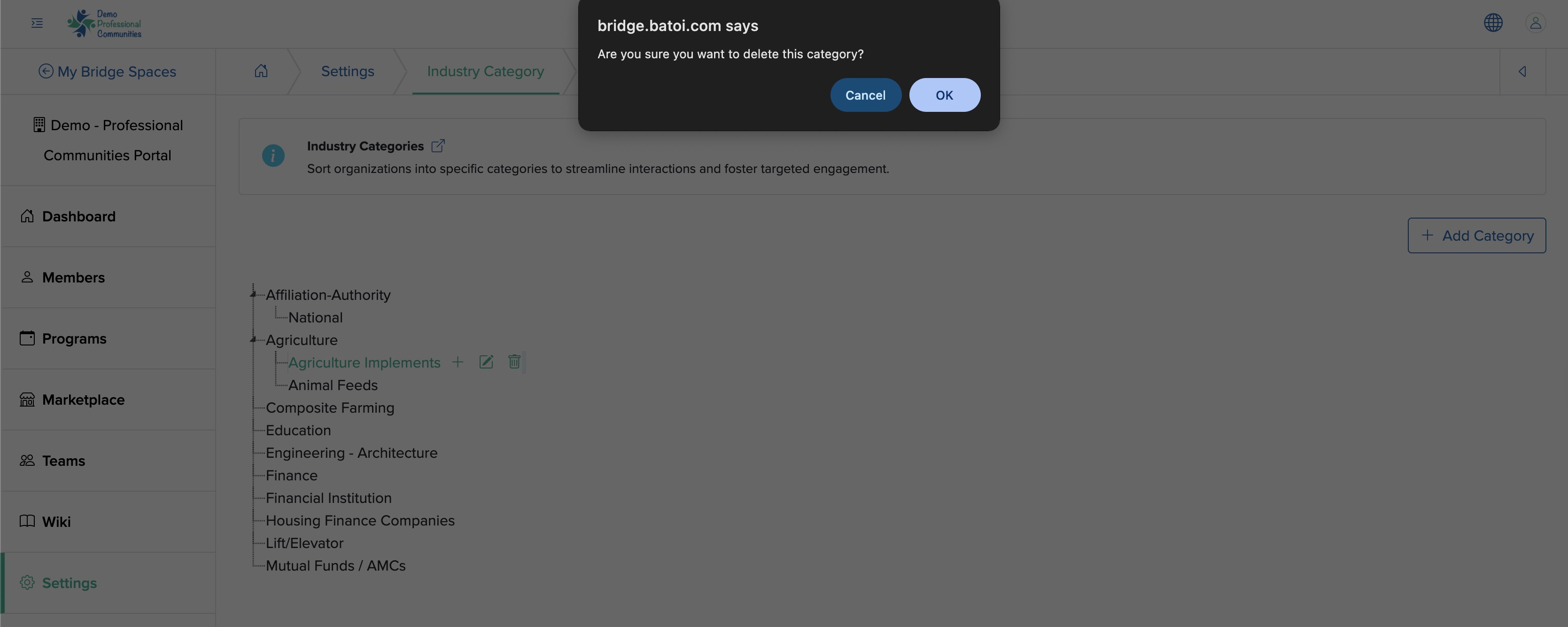 Figure 16: Individual Bridge Delete Industry Category Pop-up Screen
