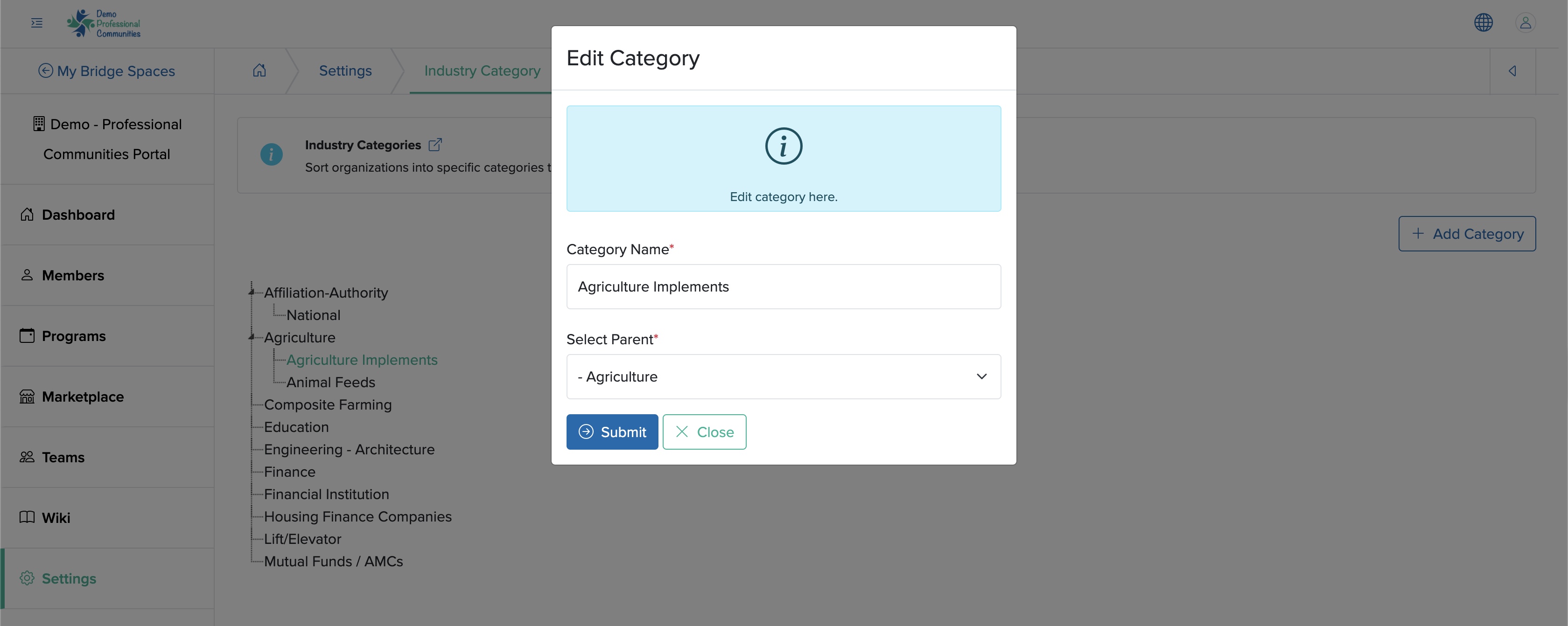 Figure 14: Individual Bridge Edit Industry Category Pop-up Screen