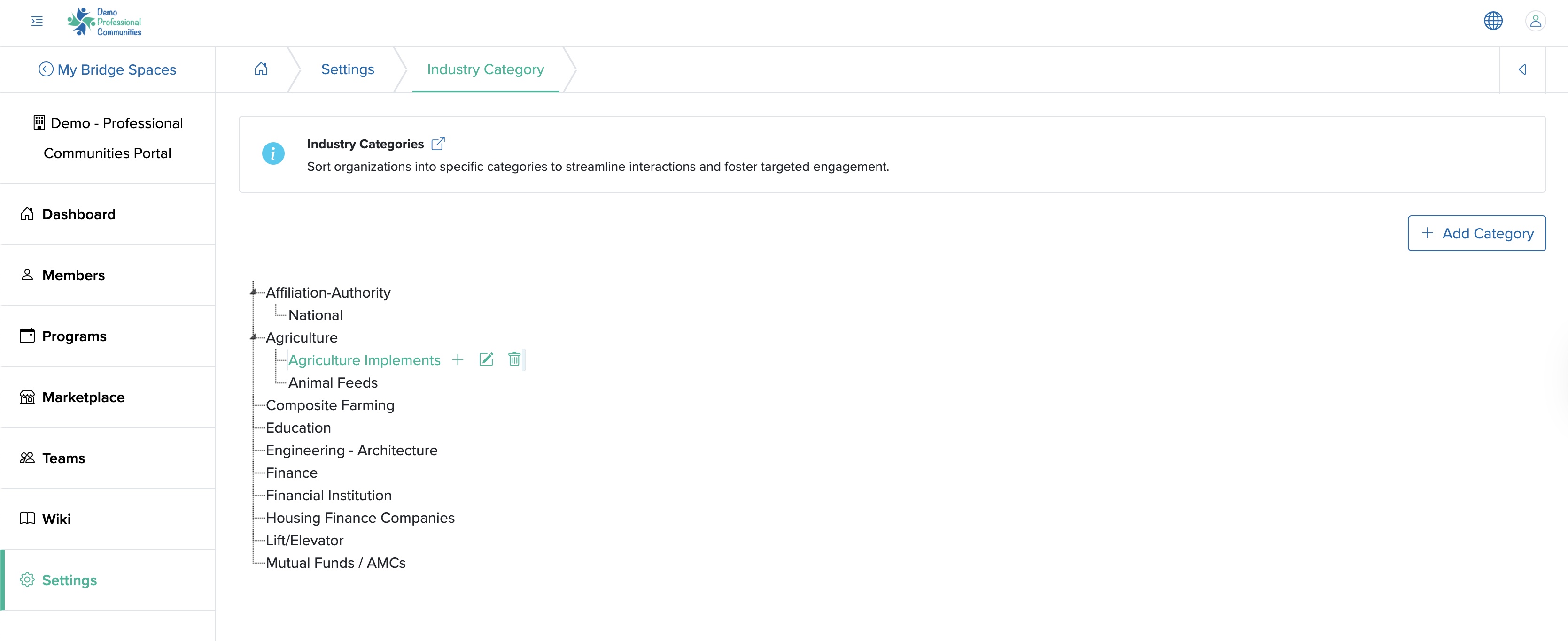 Figure 13: Individual Bridge Edit Industry Category Screen