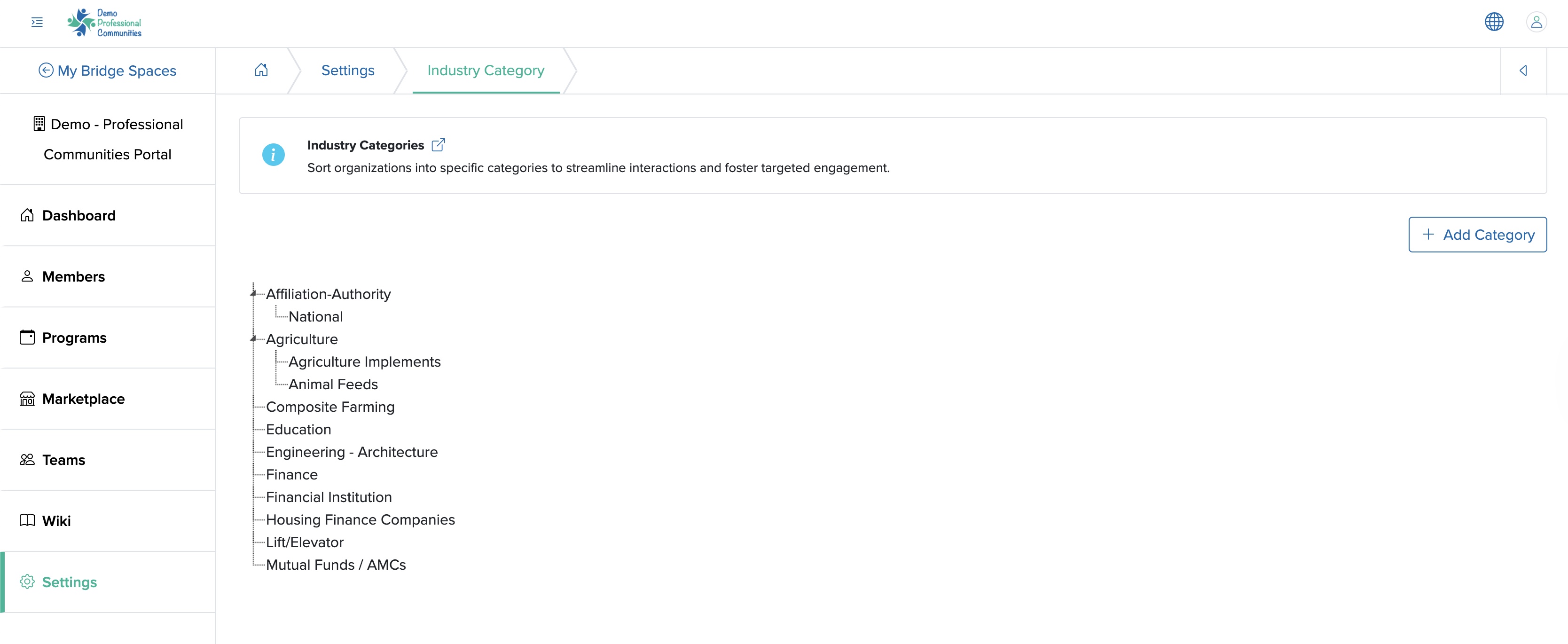 Figure 11: Individual Bridge Industry Category List Screen