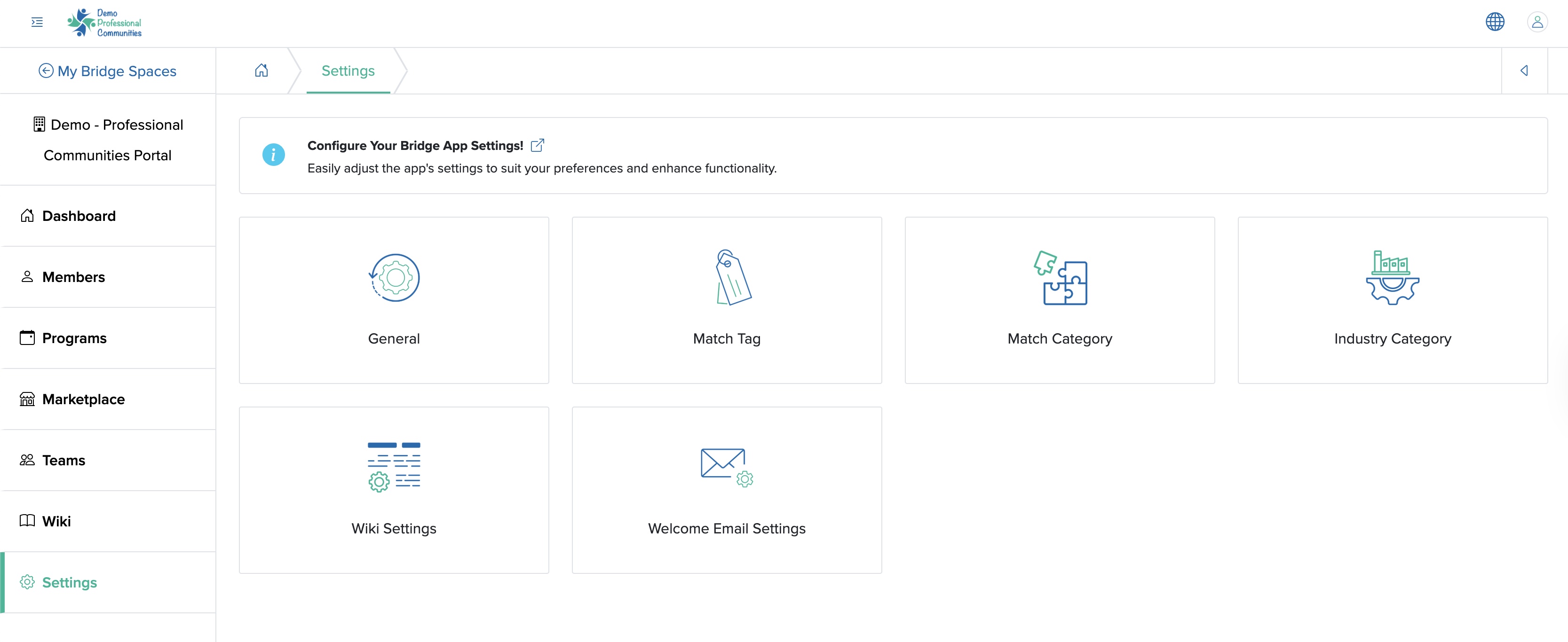 Figure 2: Individual Bridge Manager Control Panel Settings Screen