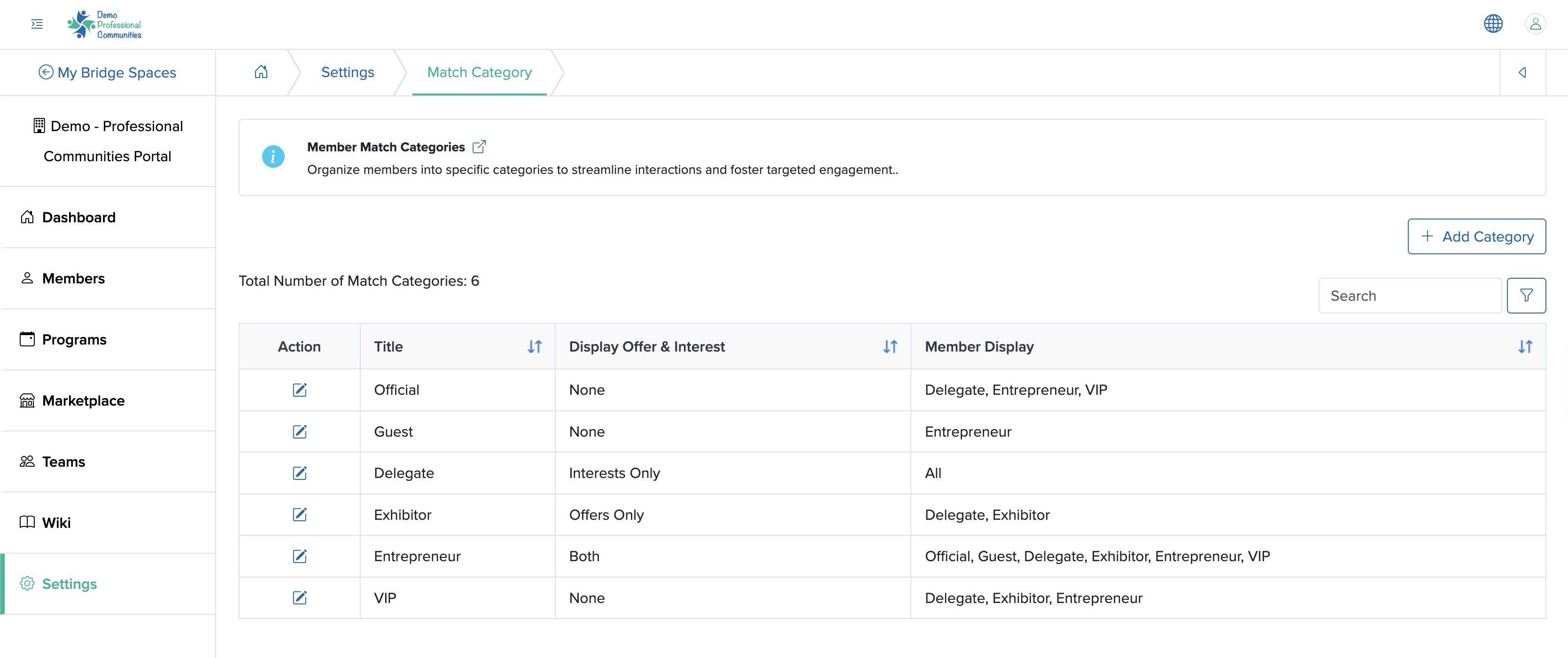 Figure 7: Individual Bridge Member Category List Screen