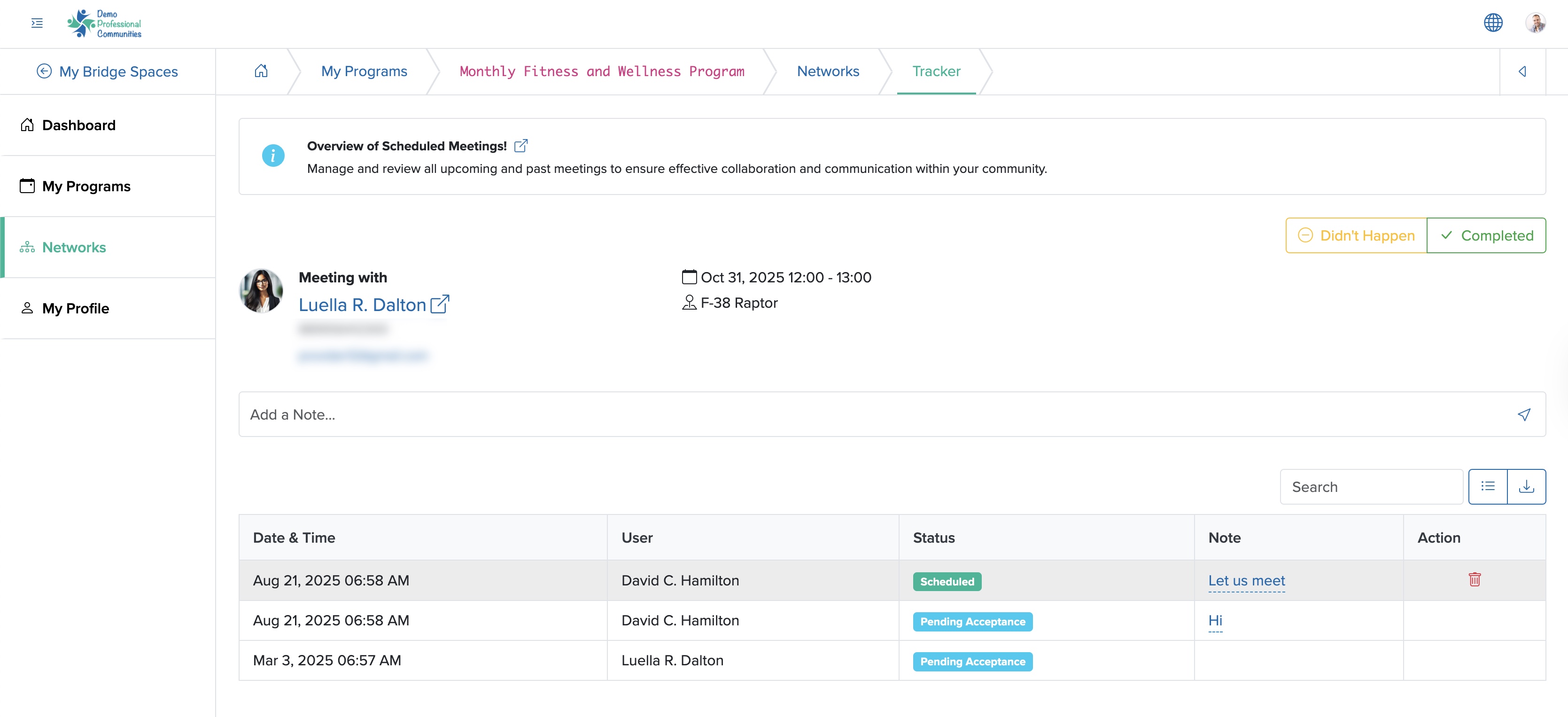 Figure 6: Individual Bridge Member Control Panel Individual Meetings Dashboard Screen