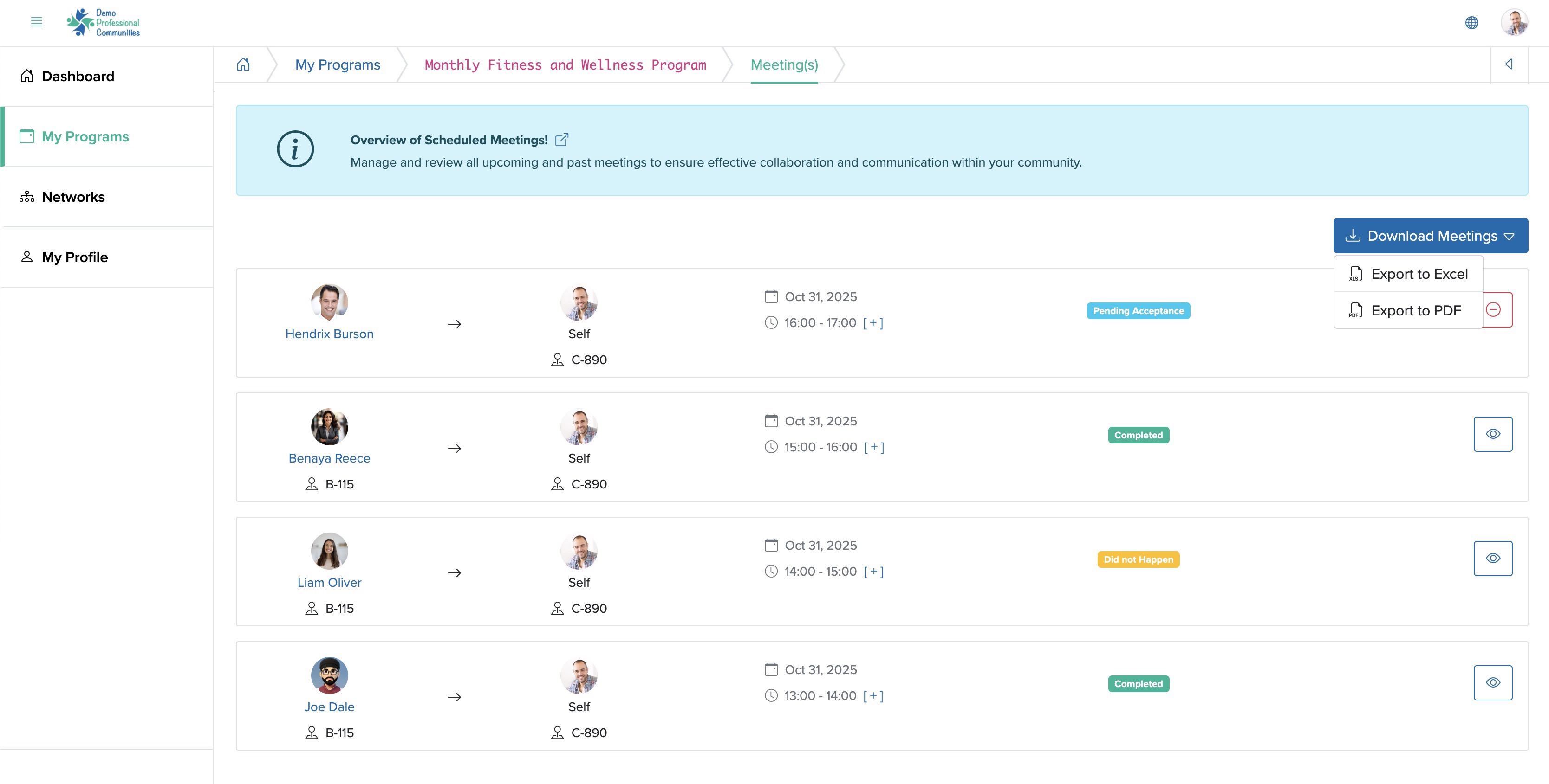 Figure 4: Individual Bridge Member Control Panel Download Meetings Option Screen