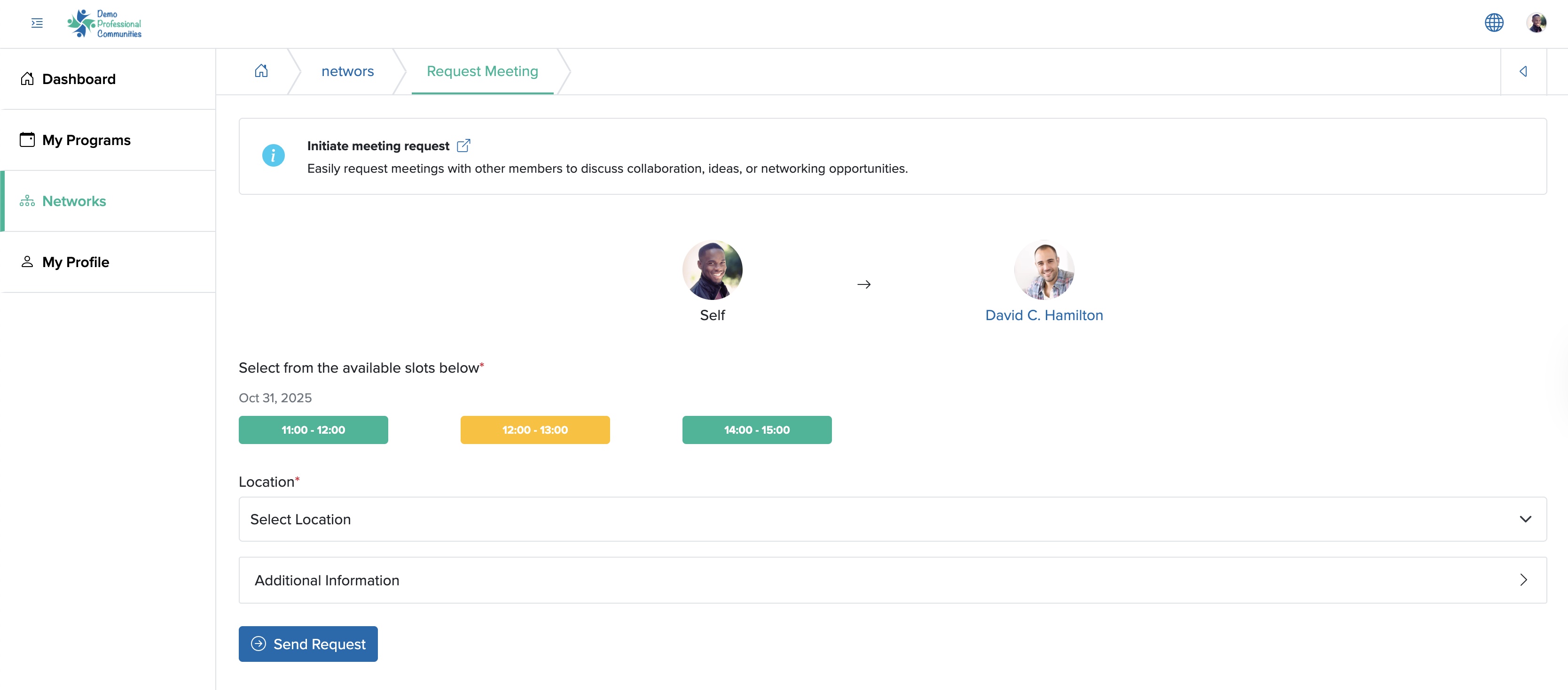 Figure 9: Individual Bridge Member Control Panel Request Meeting Screen