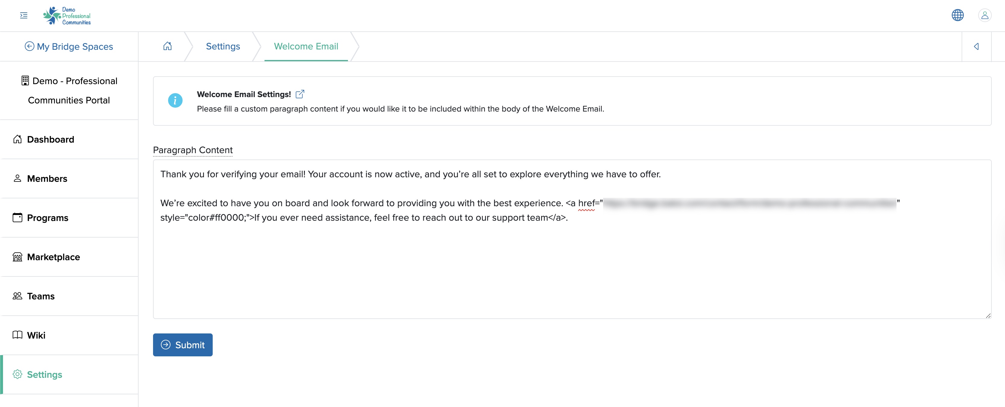 Figure 18: Individual Bridge Welcome Email Settings Screen