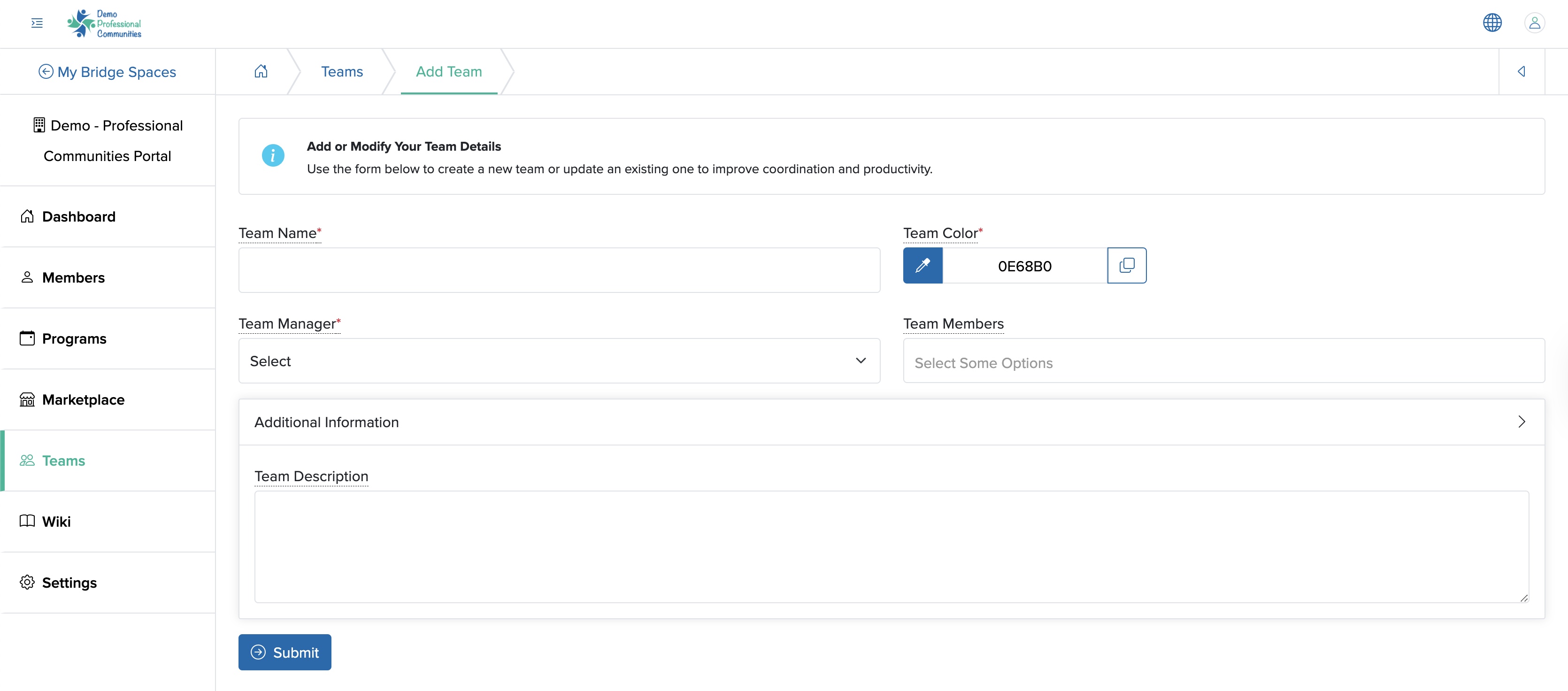 Figure 3: Individual Bridge Manager Control Panel Add Team Screen