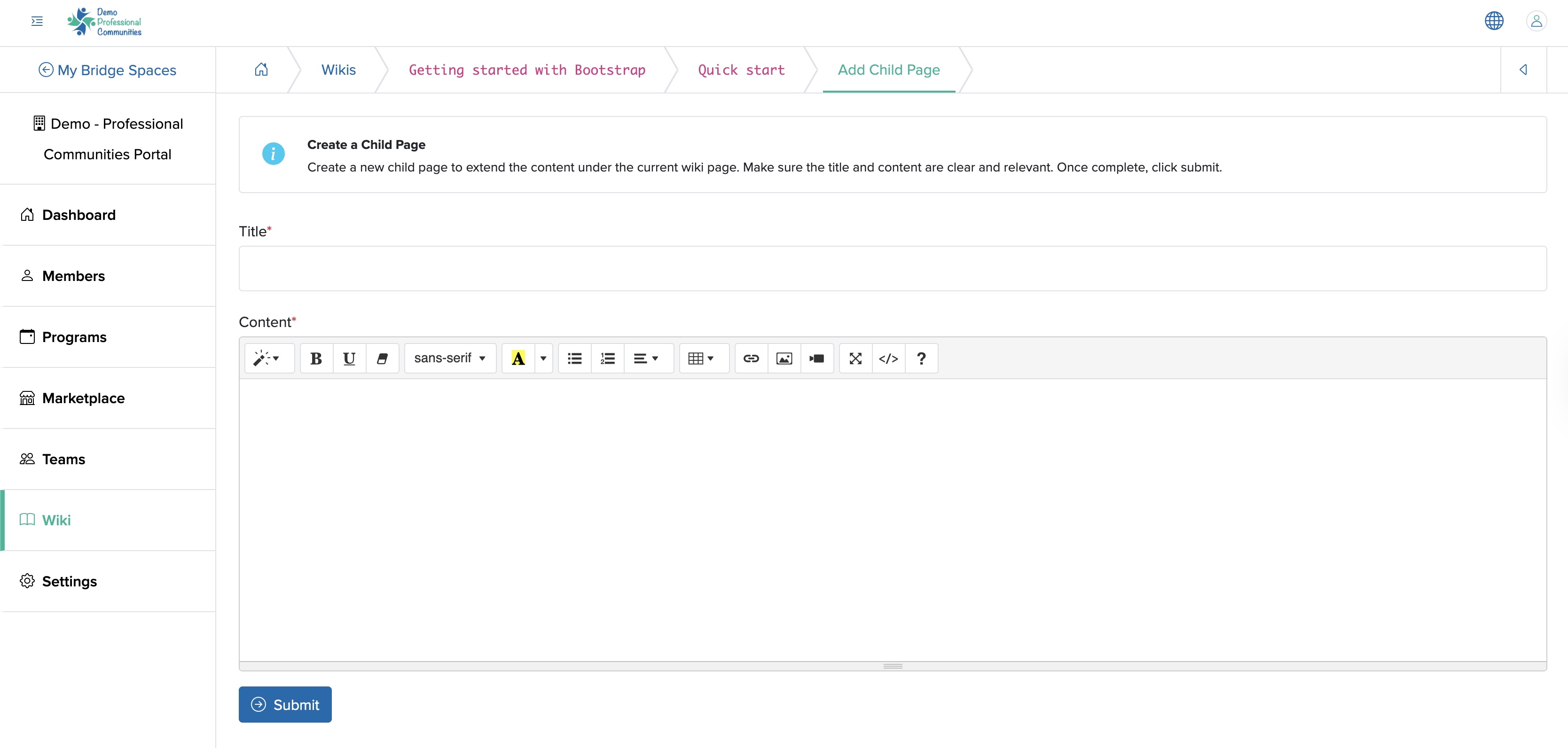 Figure 6: Individual Bridge Manager Control Panel Individual Wiki Add Child Page Screen