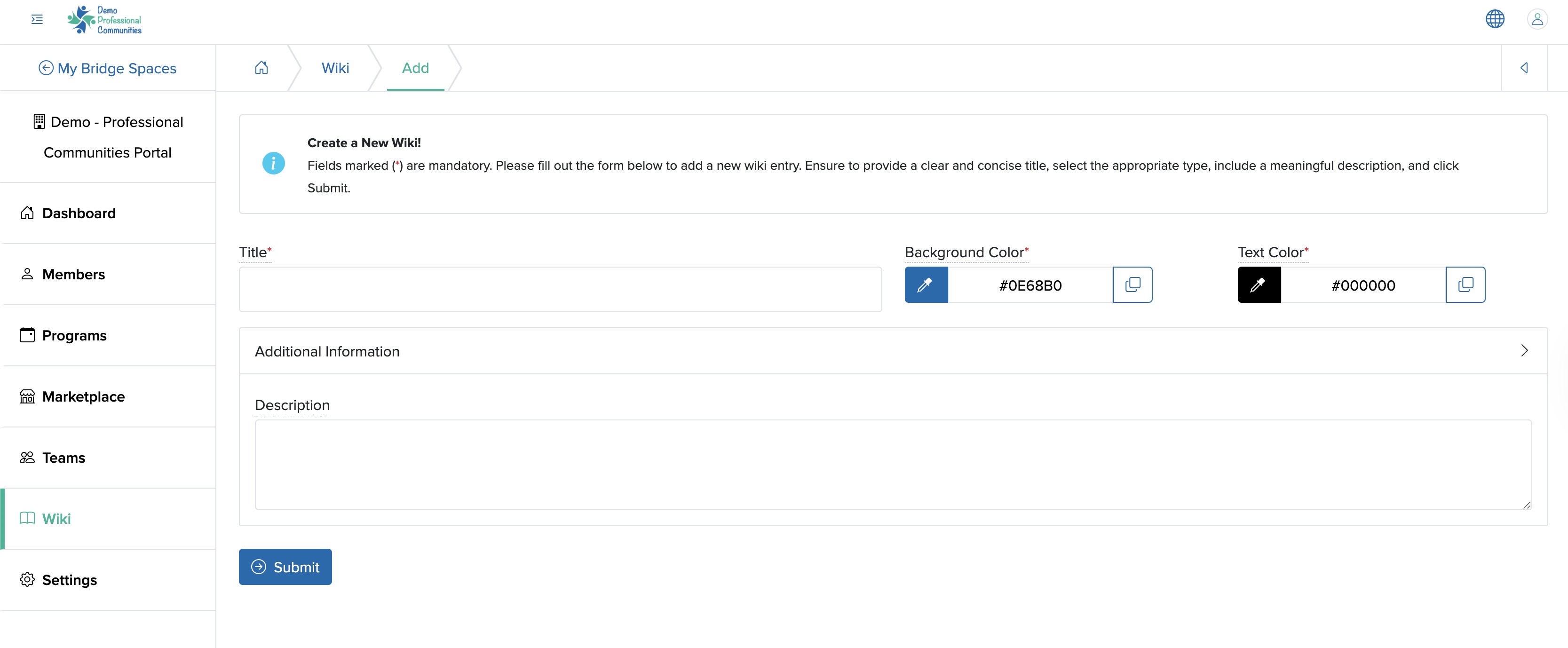 Figure 3: Individual Bridge Manager Control Panel Add Wiki Screen