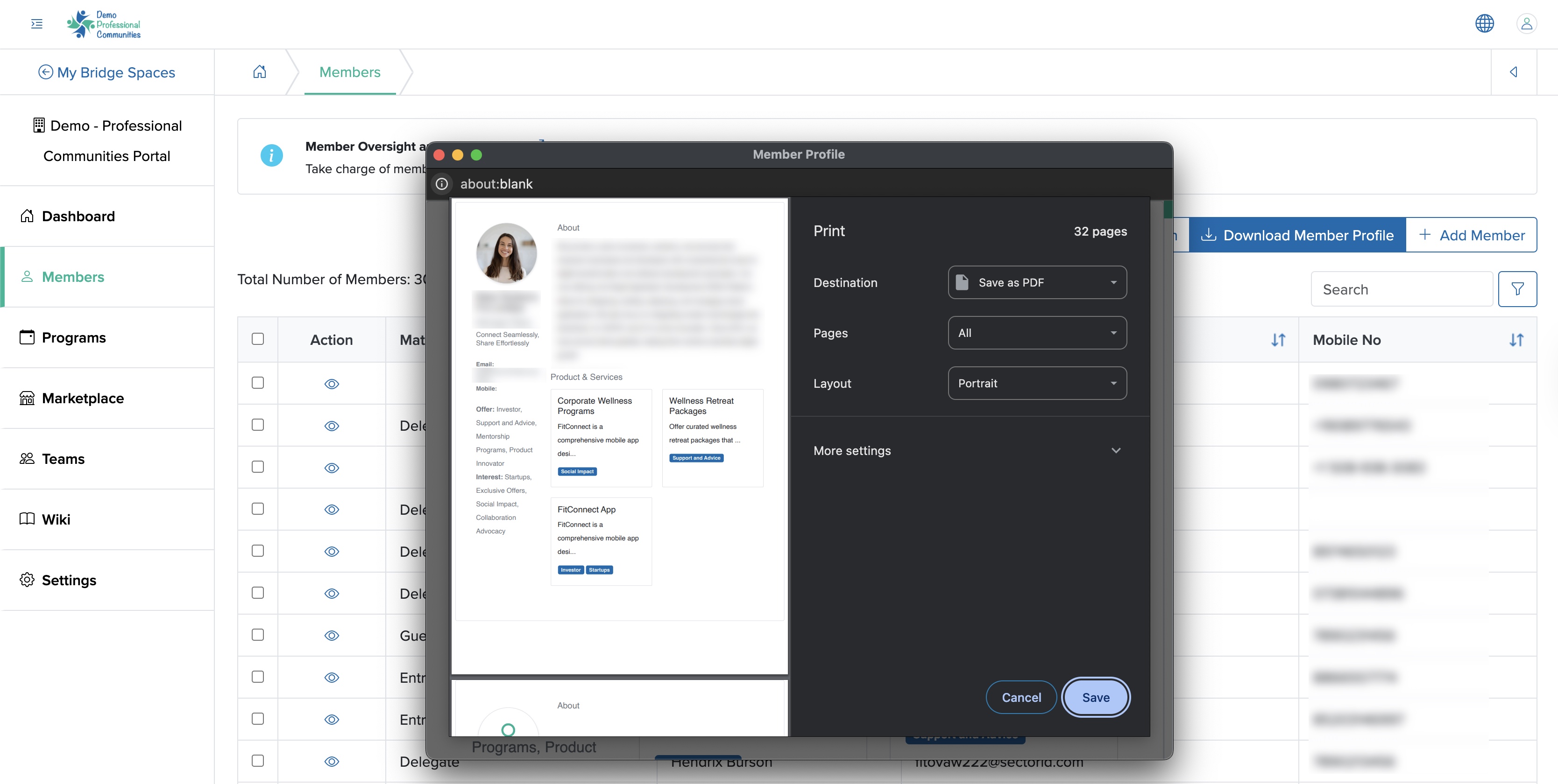 Figure 7: Individual Bridge Manager Control Panel, Download Individual Member Profile Pop-up Screen