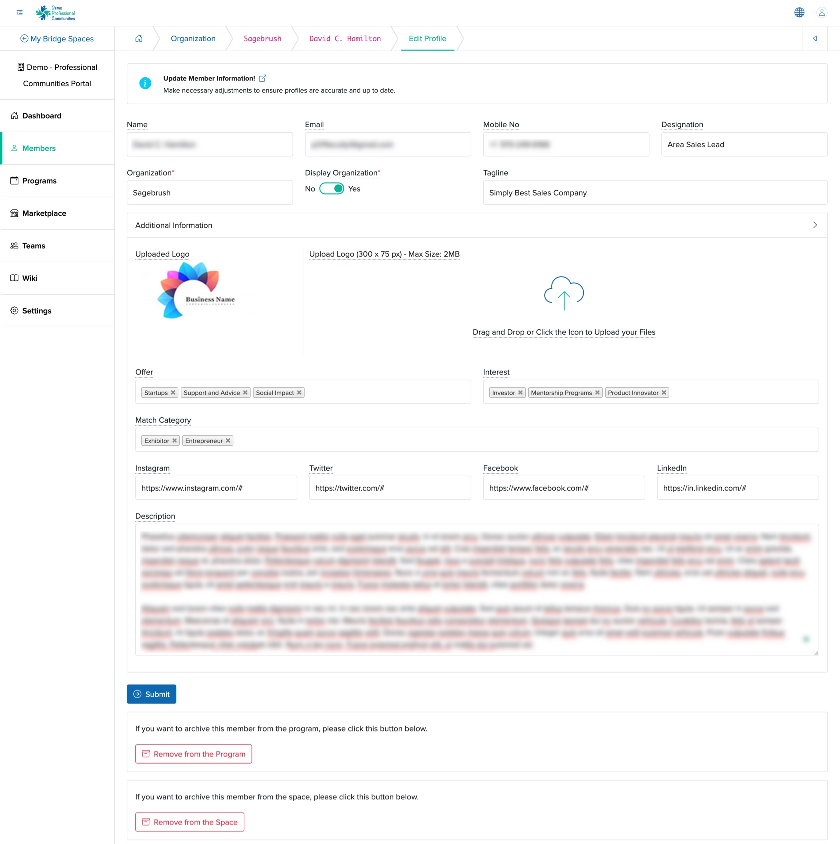 Figure 10: Individual Bridge Manager Control Panel, Edit Individual Member’s Profile Screen