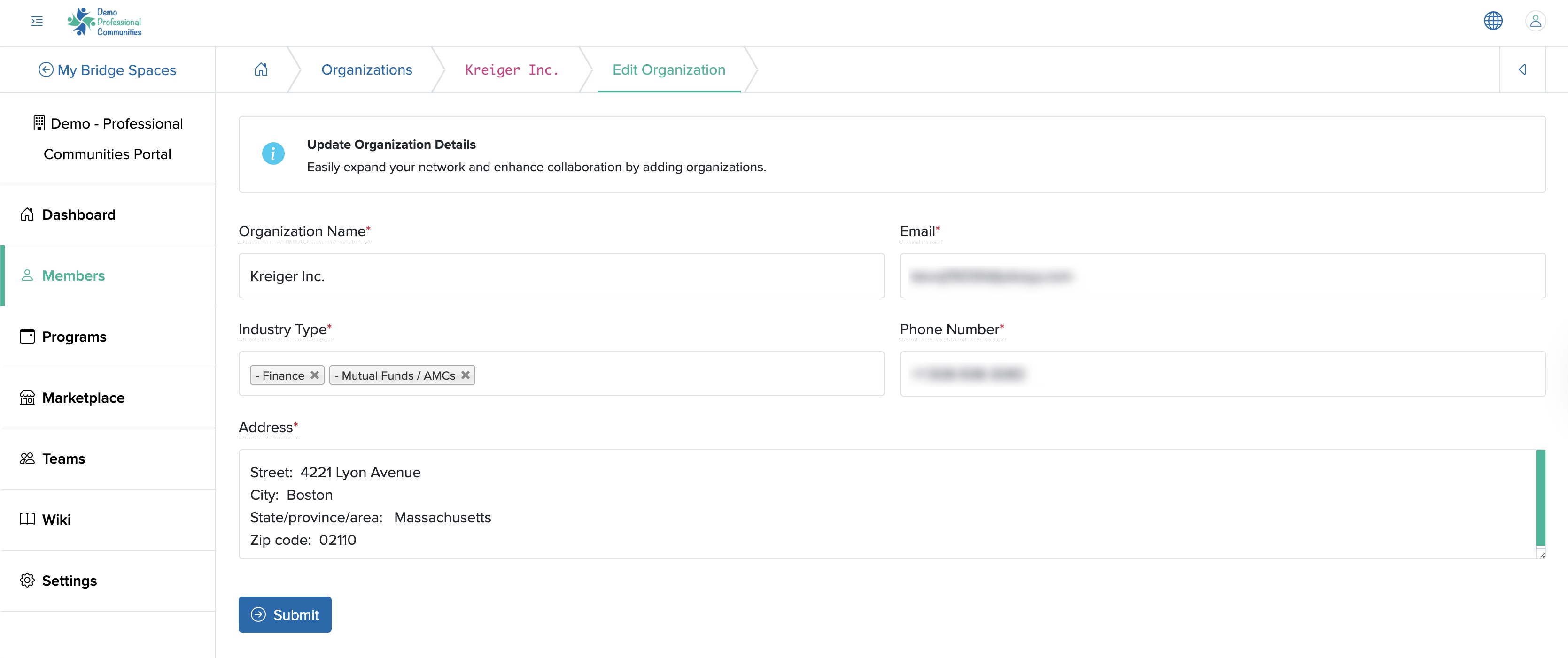 Figure 19: Individual Bridge Manager Control Panel, Edit Individual Organization Details Screen