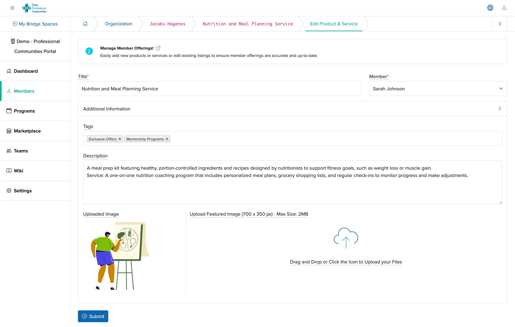Figure 5: Individual Bridge Manager Control Panel Product and Service Edit Screen