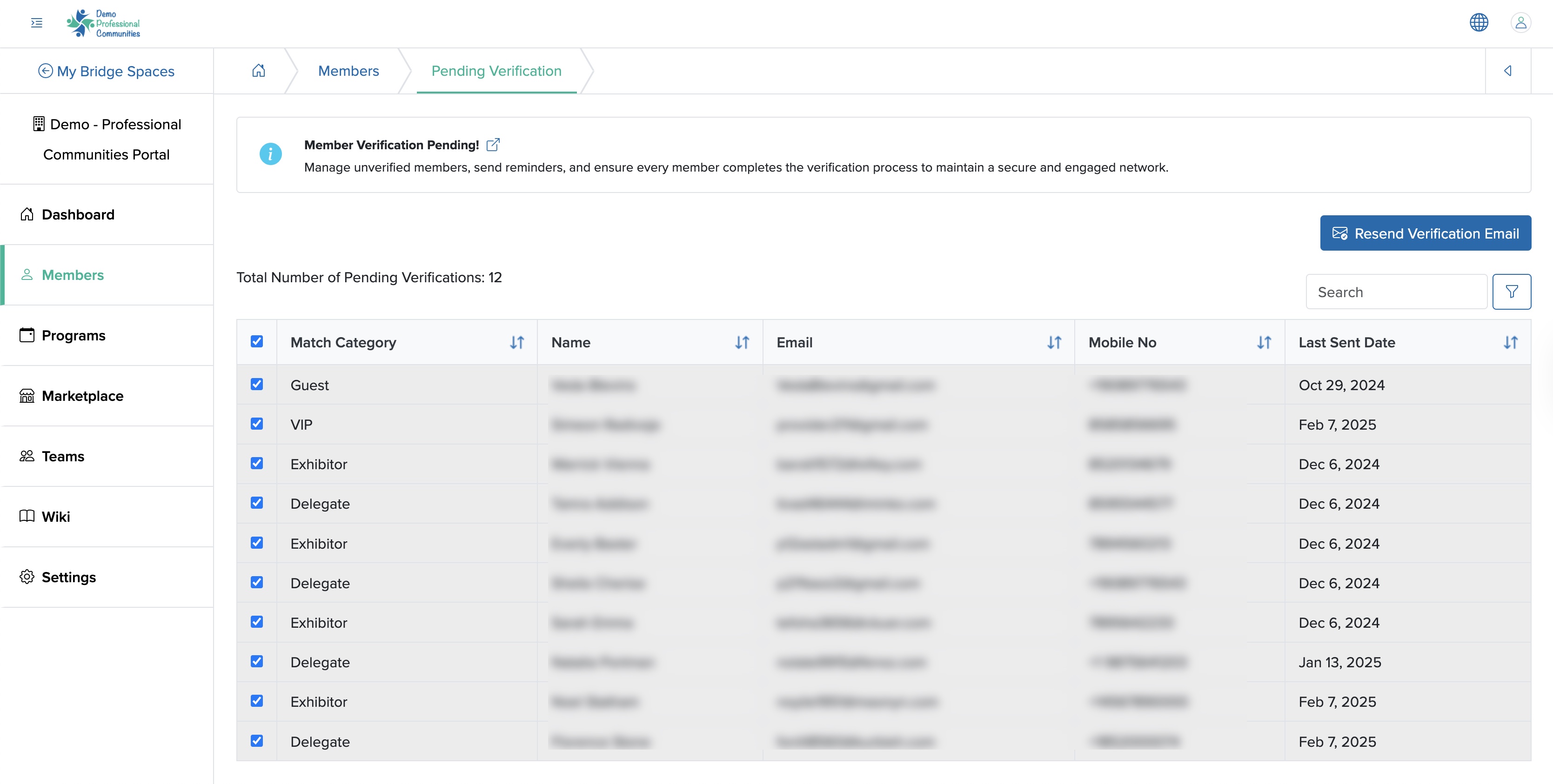 Figure 5: Individual Bridge Manager Control Panel Individual Member Pending Verification List Screen