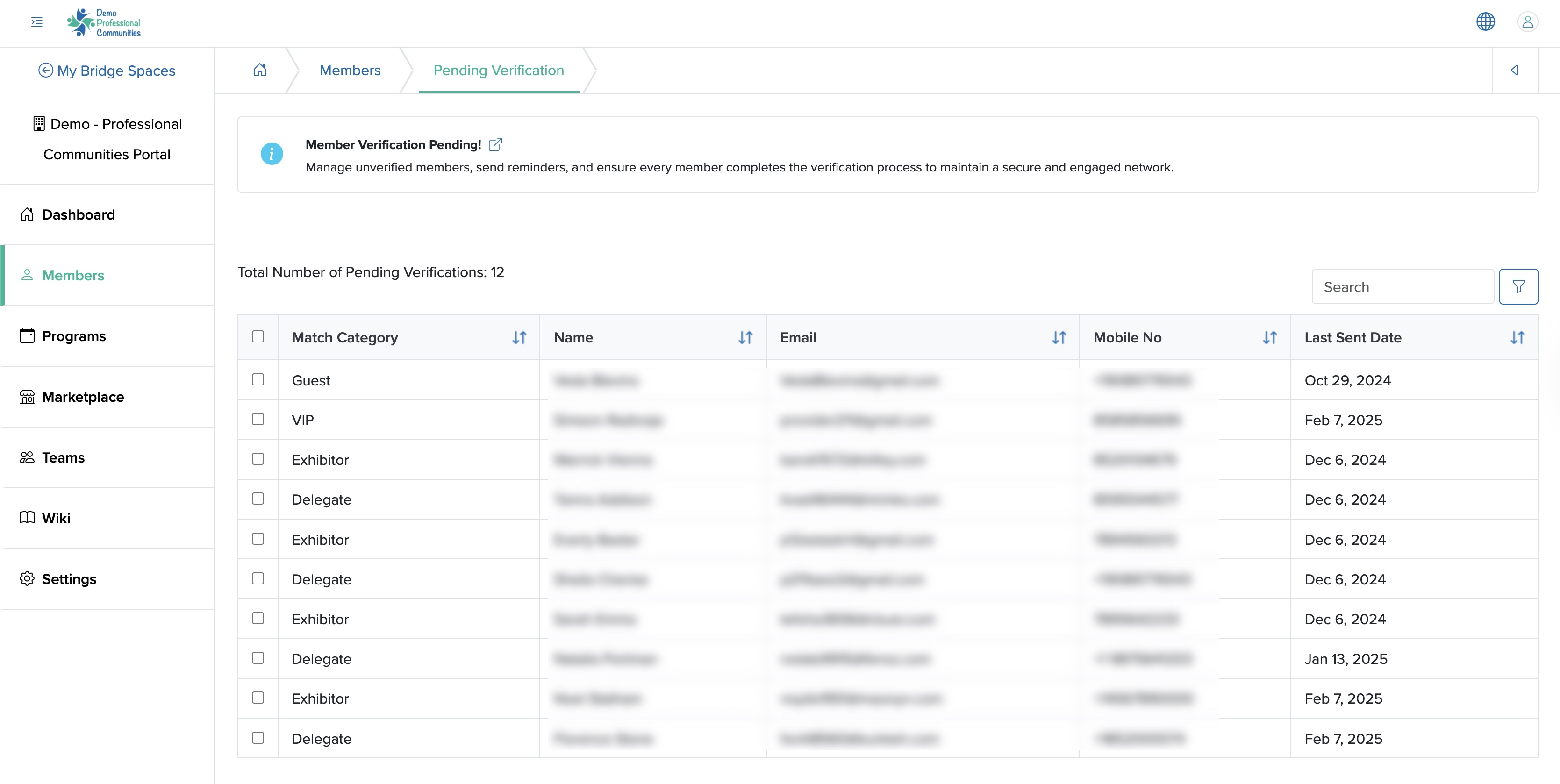 Figure 4: Individual Bridge Manager Control Panel Individual Member Pending Verification List Screen