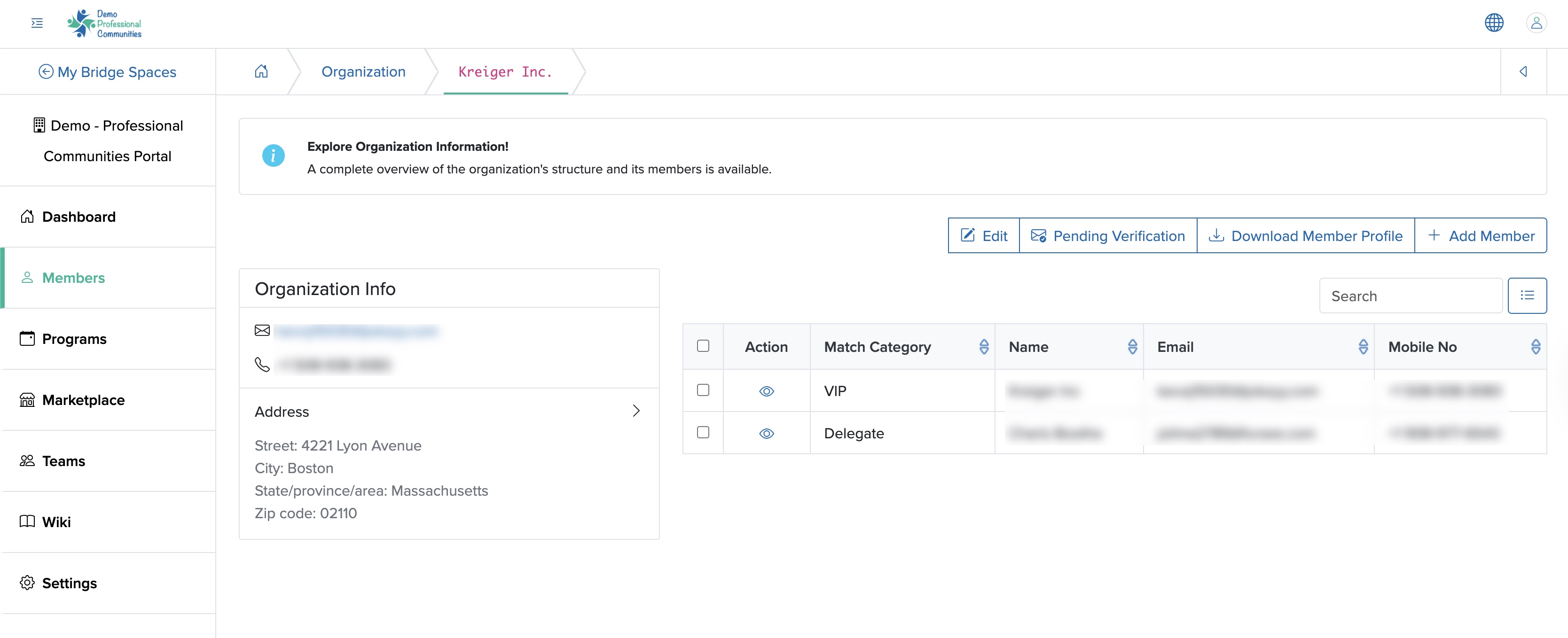 Figure 14: Individual Bridge Manager Control Panel, Individual Organization Details Screen