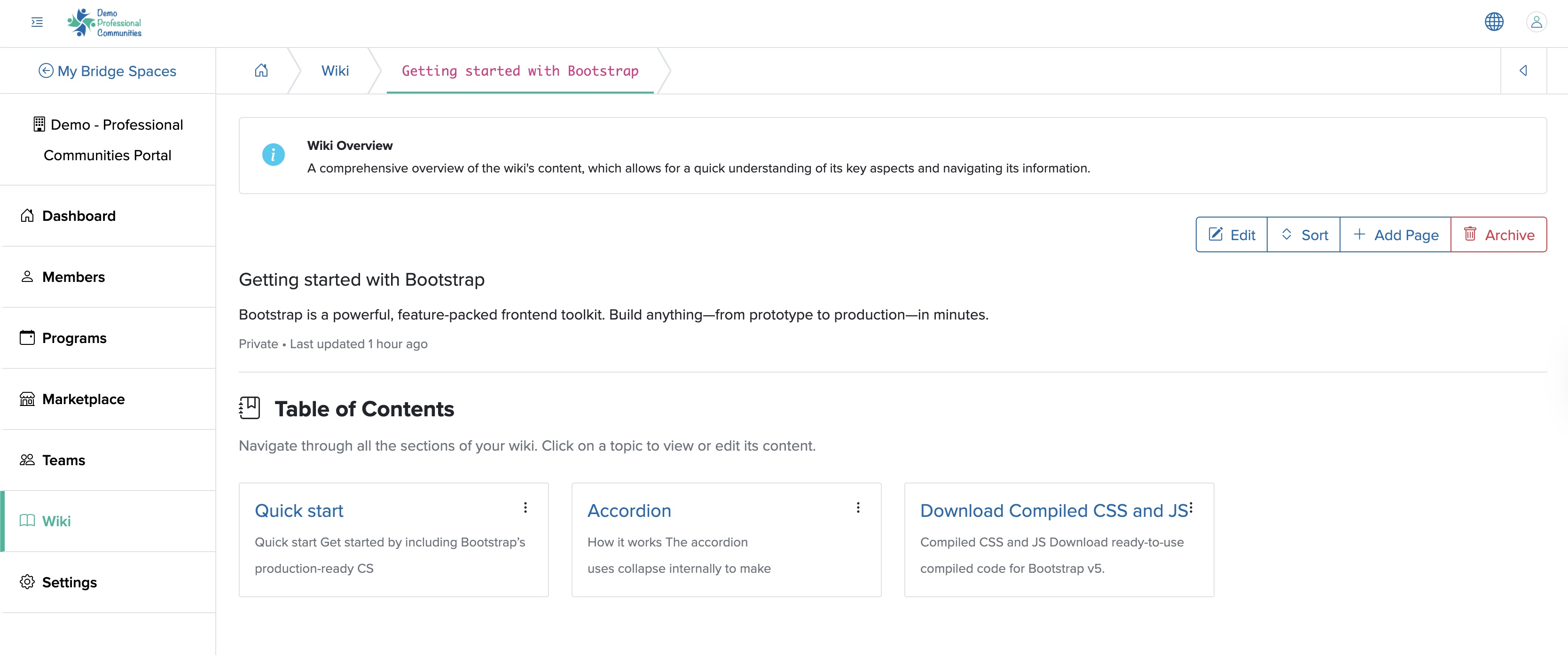 Figure 4: Individual Bridge Manager Control Panel Individual Wiki Overview Screen