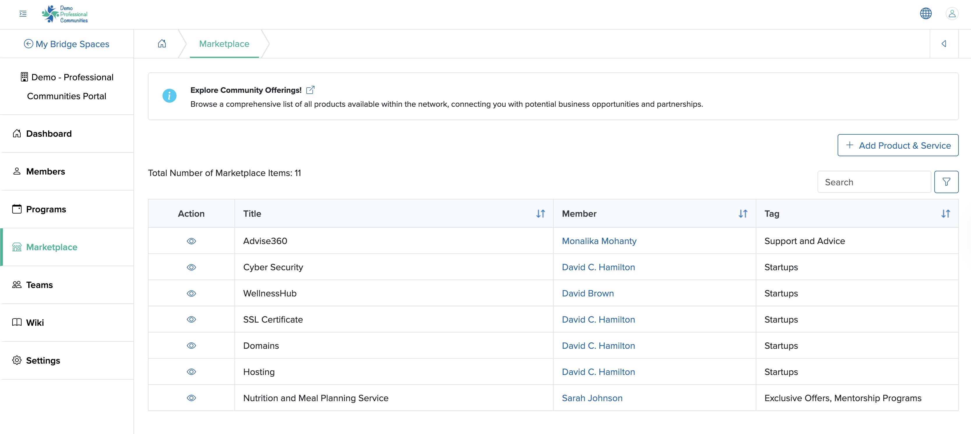 Figure 2: Individual Bridge Manager Control Panel Marketplace List Screen