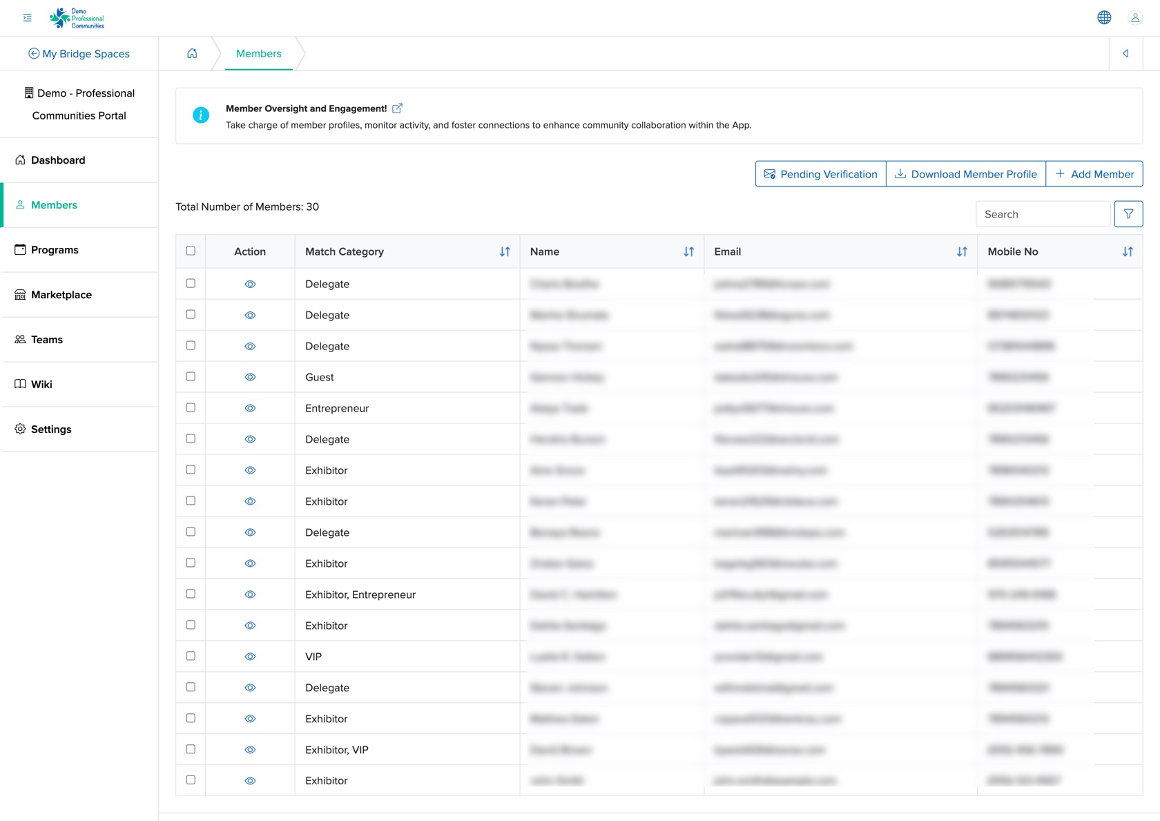 Figure 2: Individual Bridge Manager Control Panel Member-wise List Screen