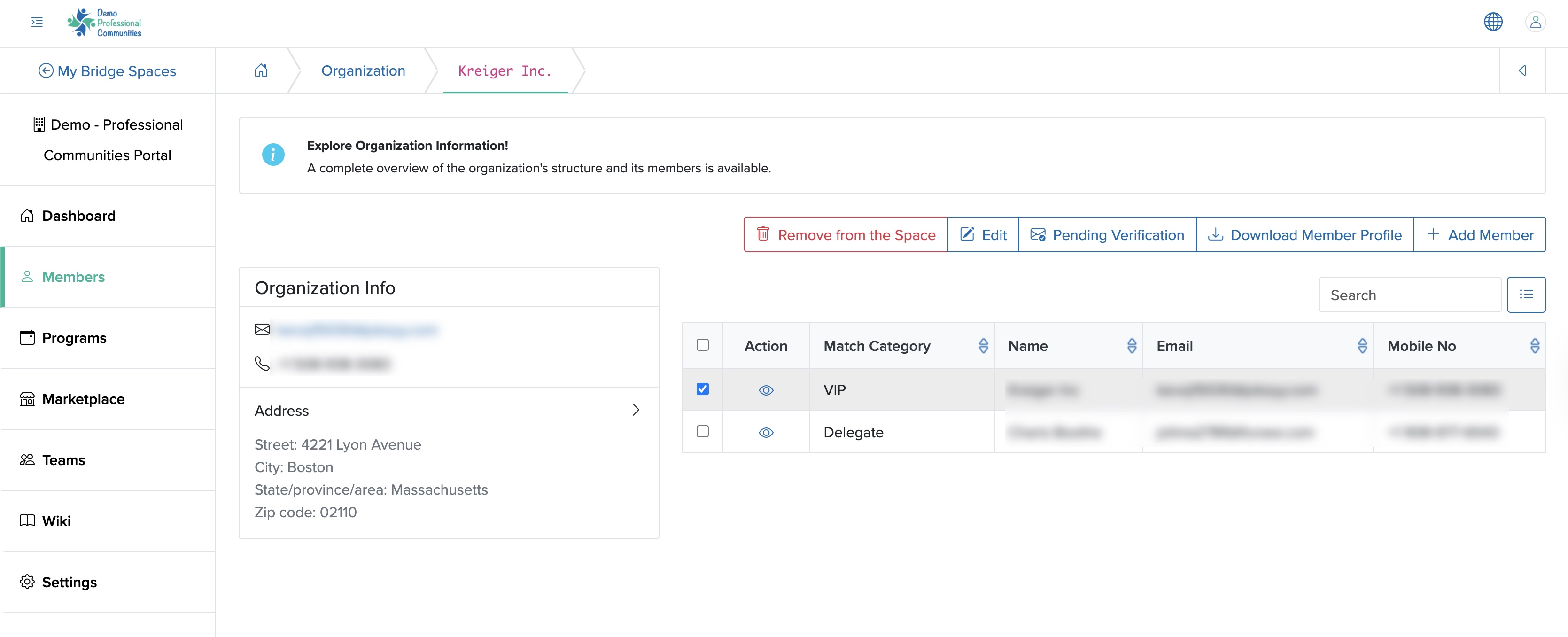 Figure 15: Individual Bridge Manager Control Panel, Individual Organization Member Remove List Screen