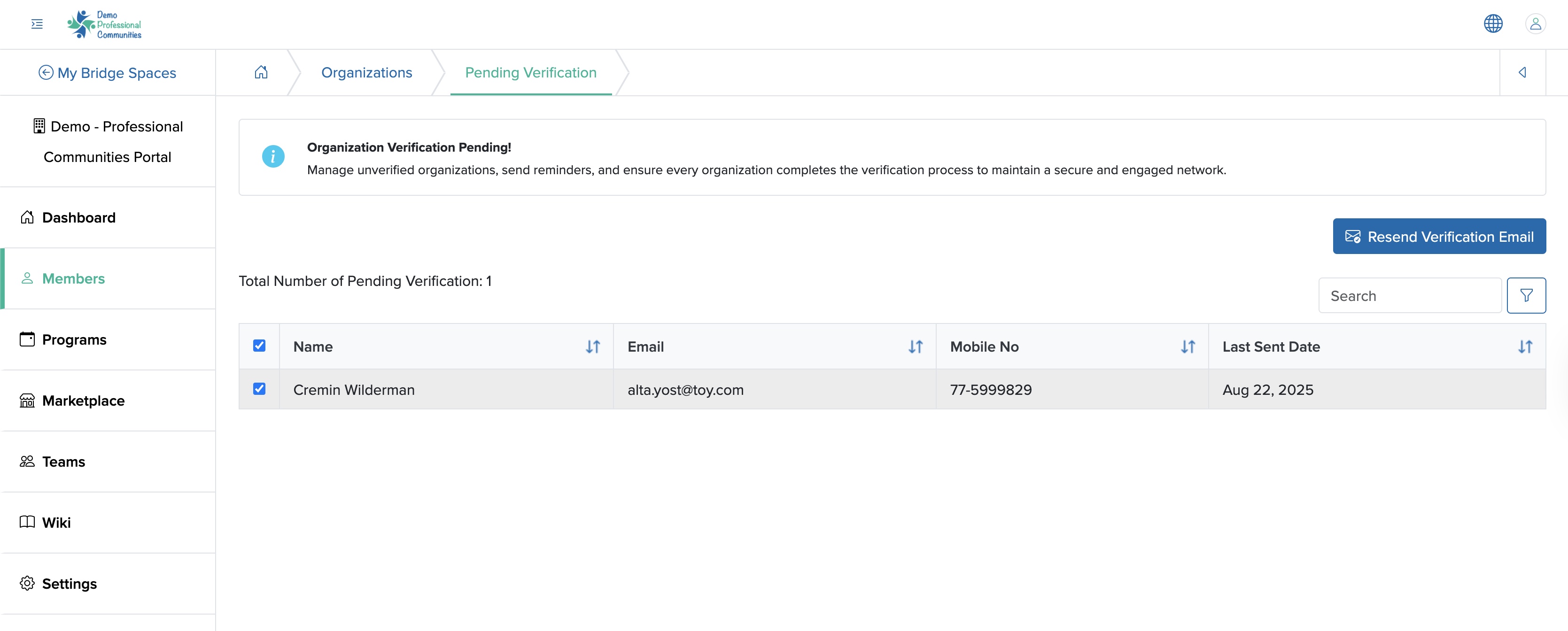 Figure 13: Individual Bridge Manager Control Panel Organization Pending Verification List Screen