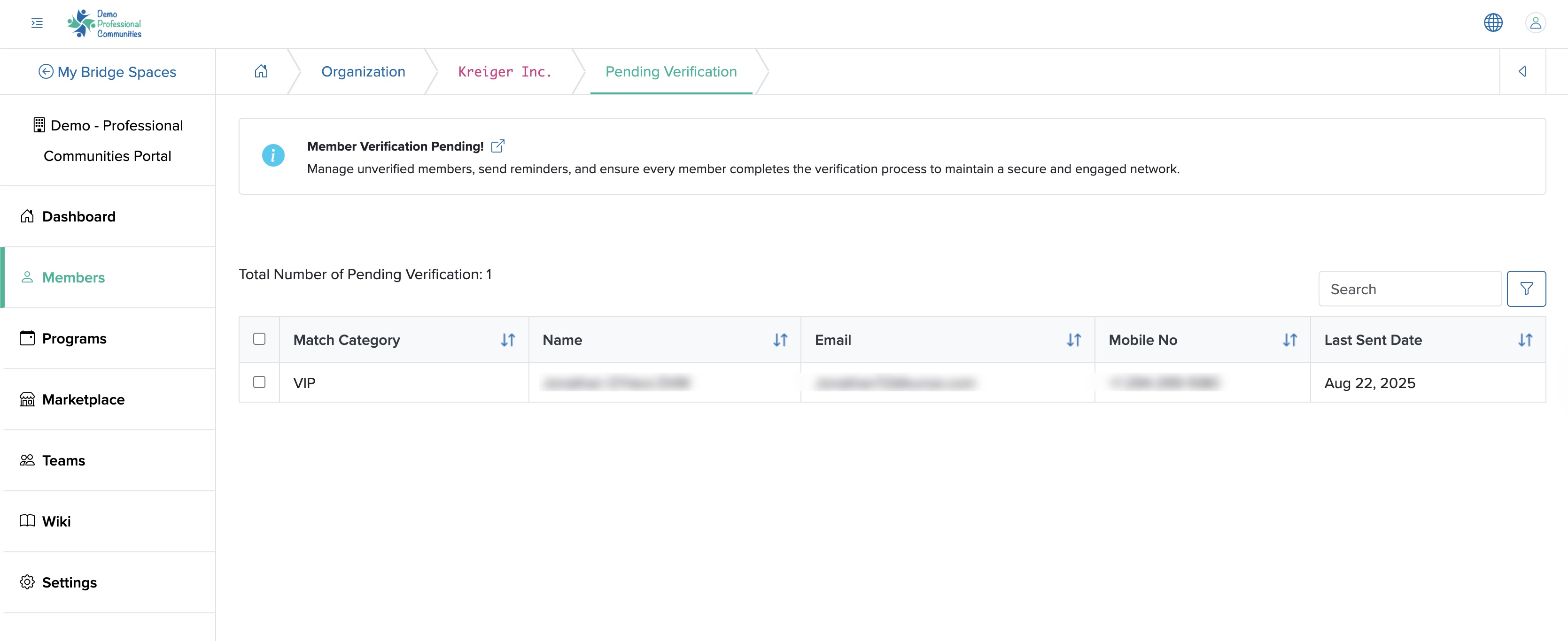Figure 16: Individual Bridge Manager Control Panel, Individual Organization Pending Verification List Screen