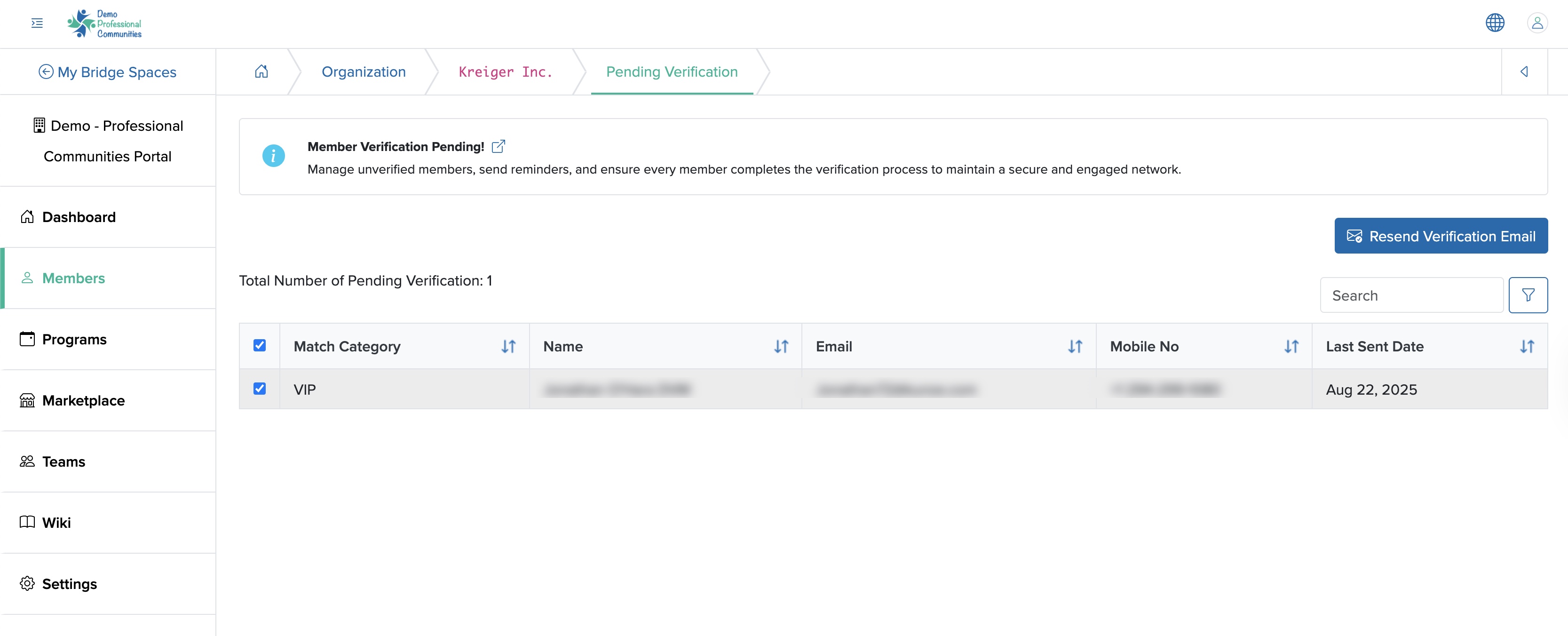 Figure 17: Individual Bridge Manager Control Panel, Individual Organization Pending Verification List Screen