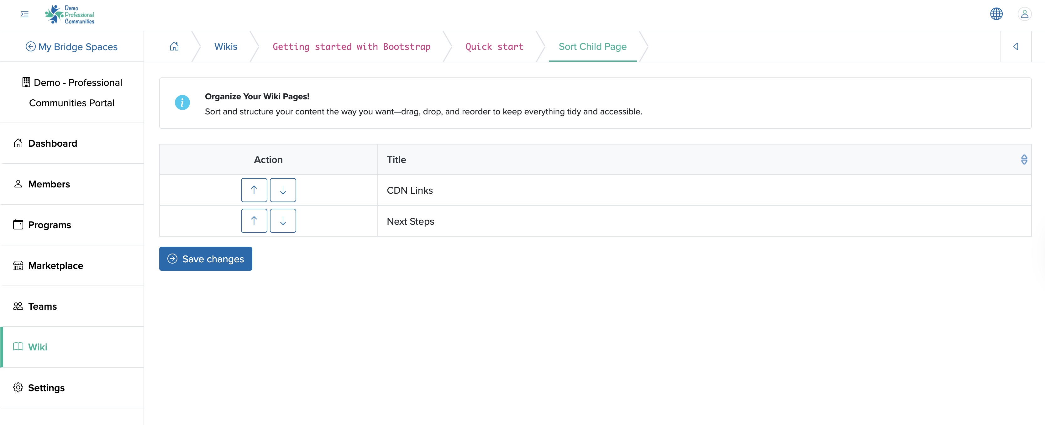 Figure 8: Individual Bridge Manager Control Panel Individual Wiki Sort Child Page Screen