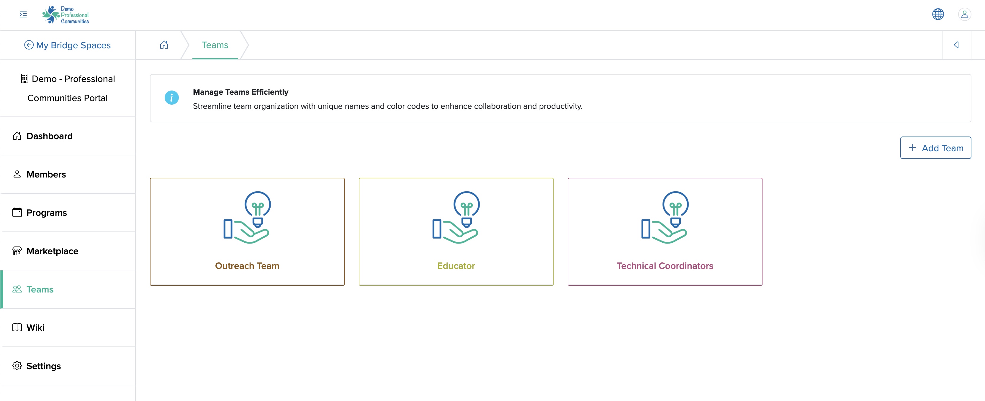 Figure 2: Individual Bridge Manager Control Panel Teams List Screen