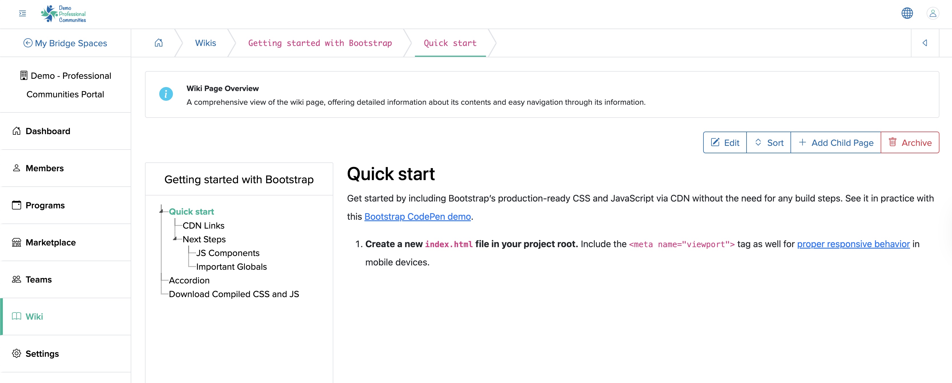 Figure 5: Individual Bridge Manager Control Panel Individual Wiki Child Page Screen