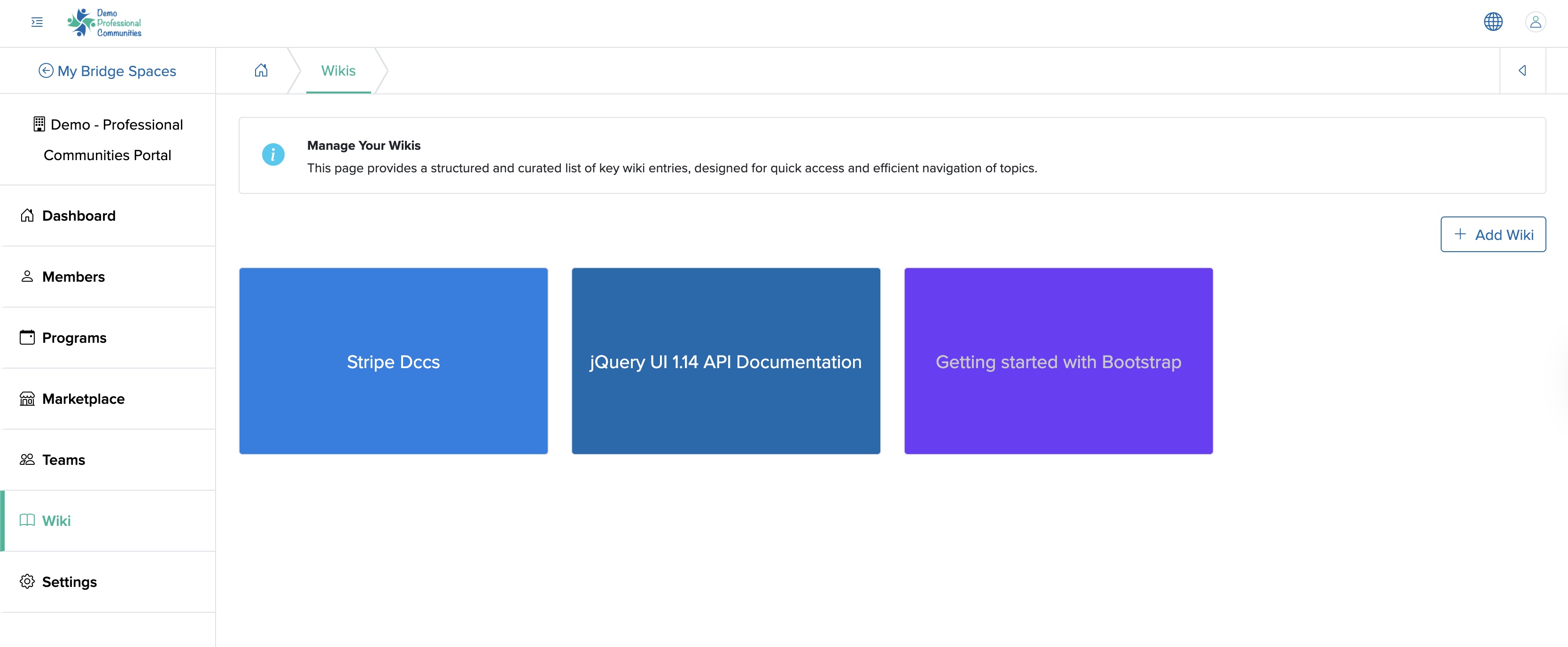 Figure 2: Individual Bridge Manager Control Panel Wiki List Screen