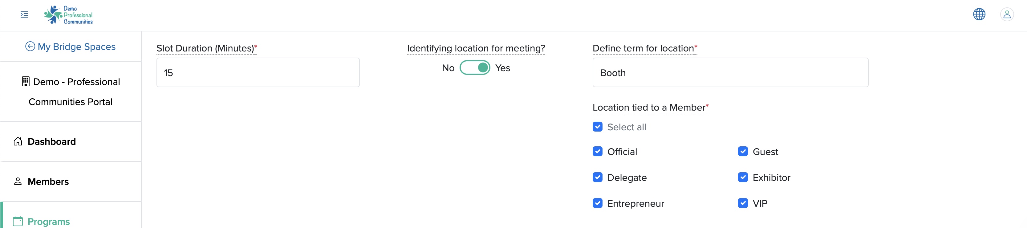 Figure 4: Individual Bridge Manager Control Panel Add Event Meeting Location Screen