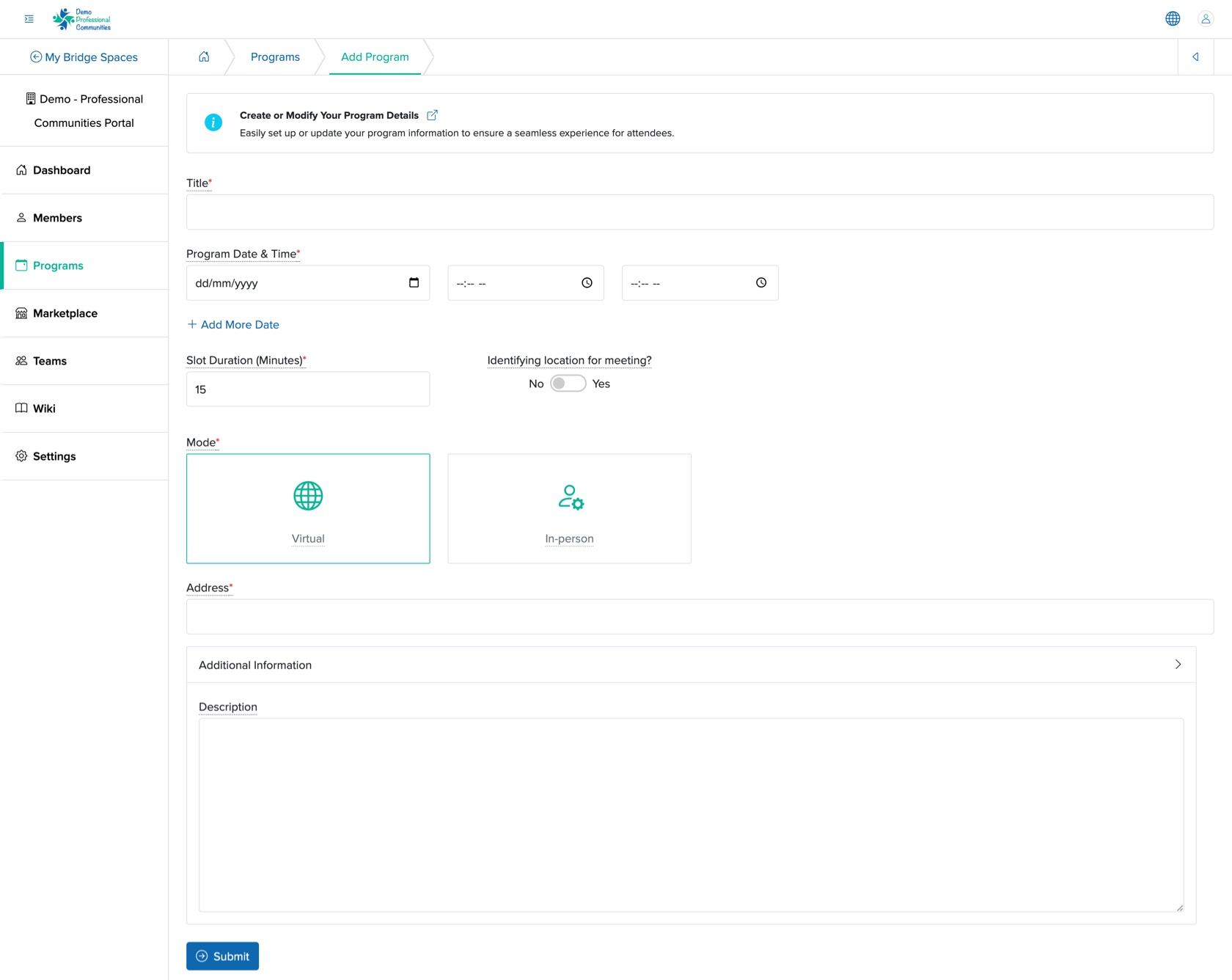 Figure 3: Individual Bridge Manager Control Panel Add Event Screen